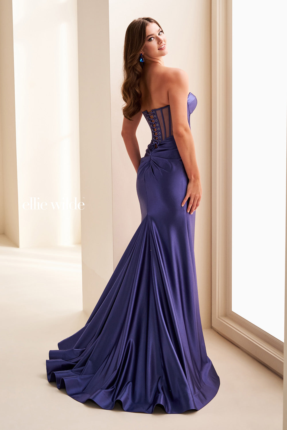 Ellie Wilde EW37062 purple, fitted silhouette, lace up back detail prom dress images.
