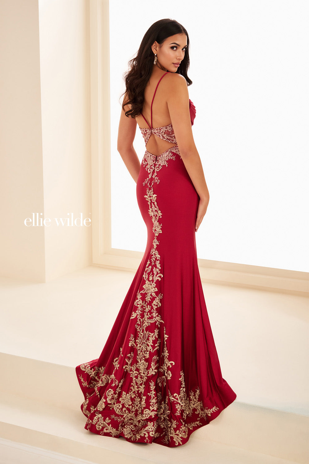 Ellie Wilde EW37068 red, fitted silhouette with intricate gold embroidery prom dress images.