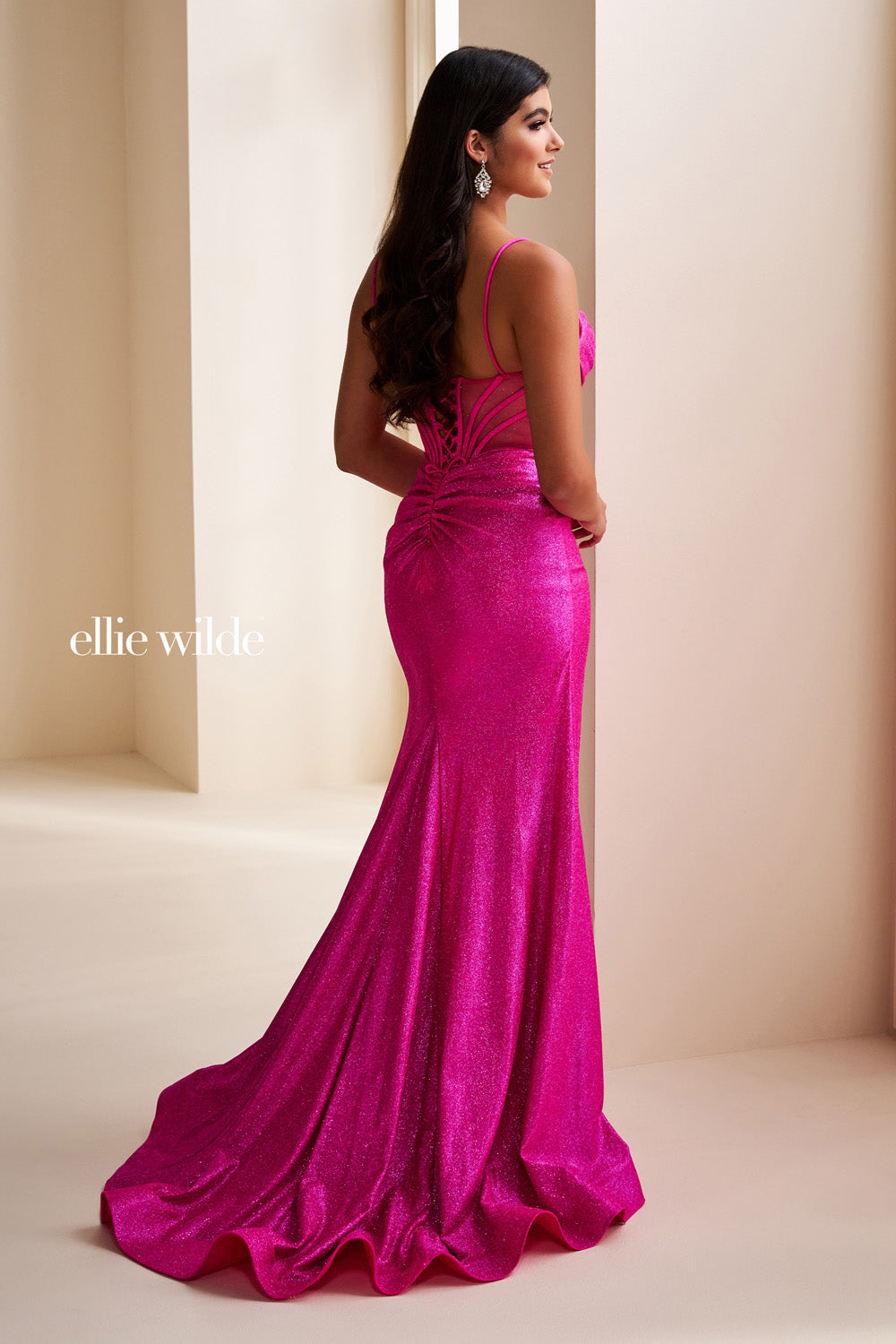 Ellie Wilde EW37075 fuchsia, fitted silhouette, ruched back detail prom dress images.