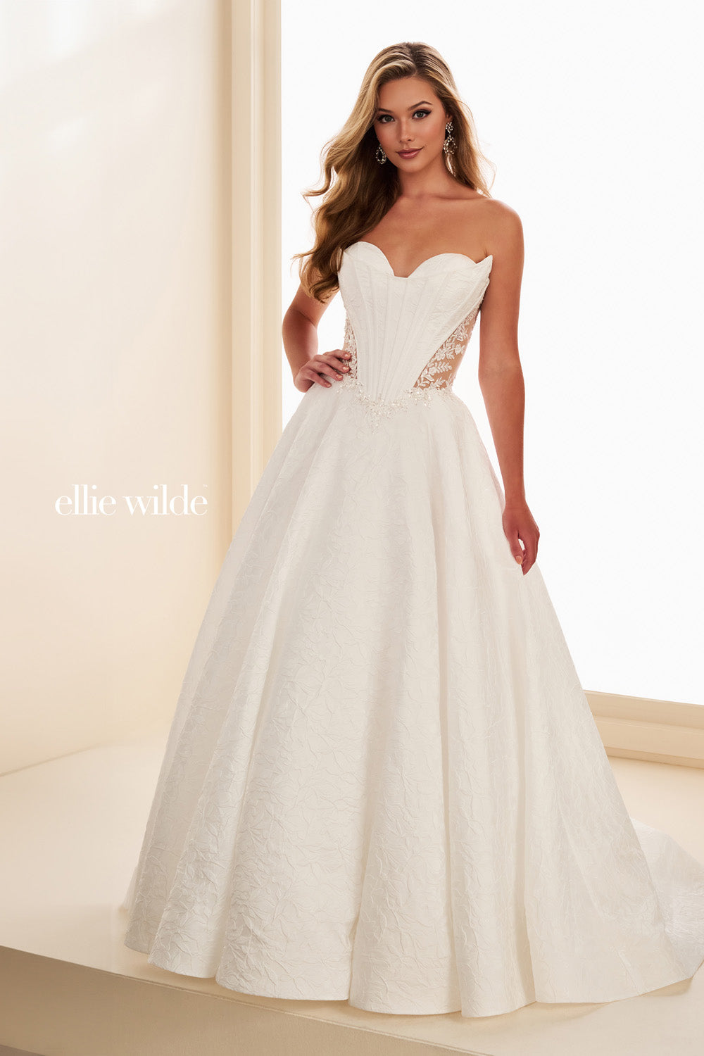 Ellie Wilde EW37080 white, ball gown silhouette, strapless with lace details prom dress images.