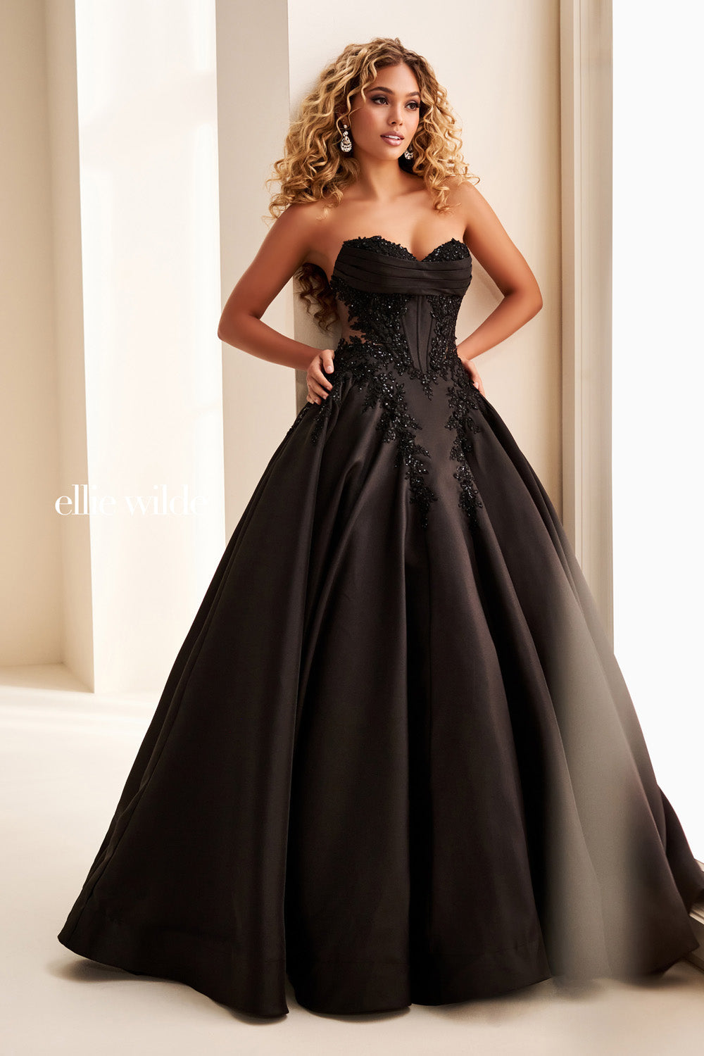 Ellie Wilde EW37082 black, strapless ball gown with intricate beading prom dress images.