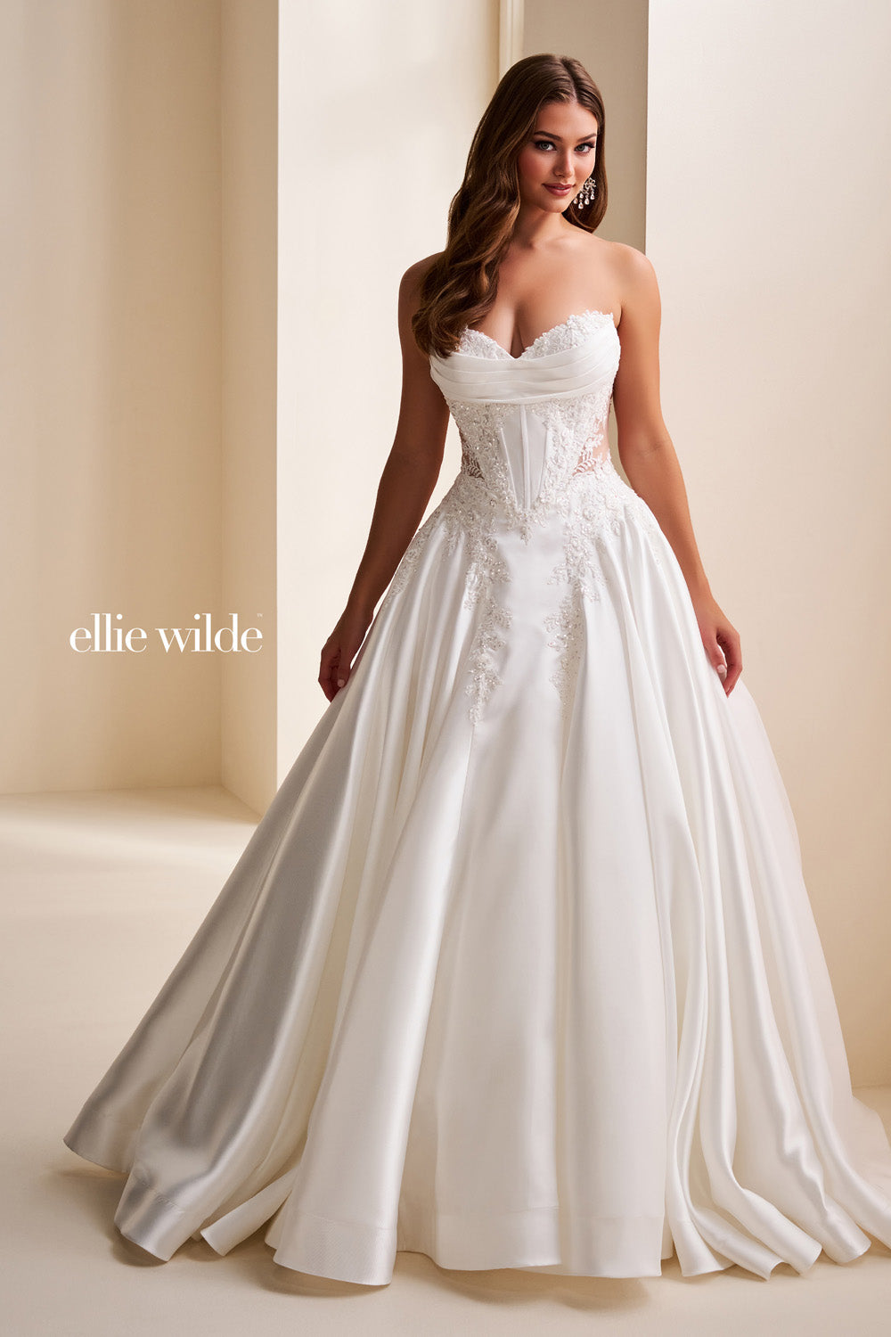 Ellie Wilde EW37082 white strapless ball gown with intricate lace detailing prom dress images.