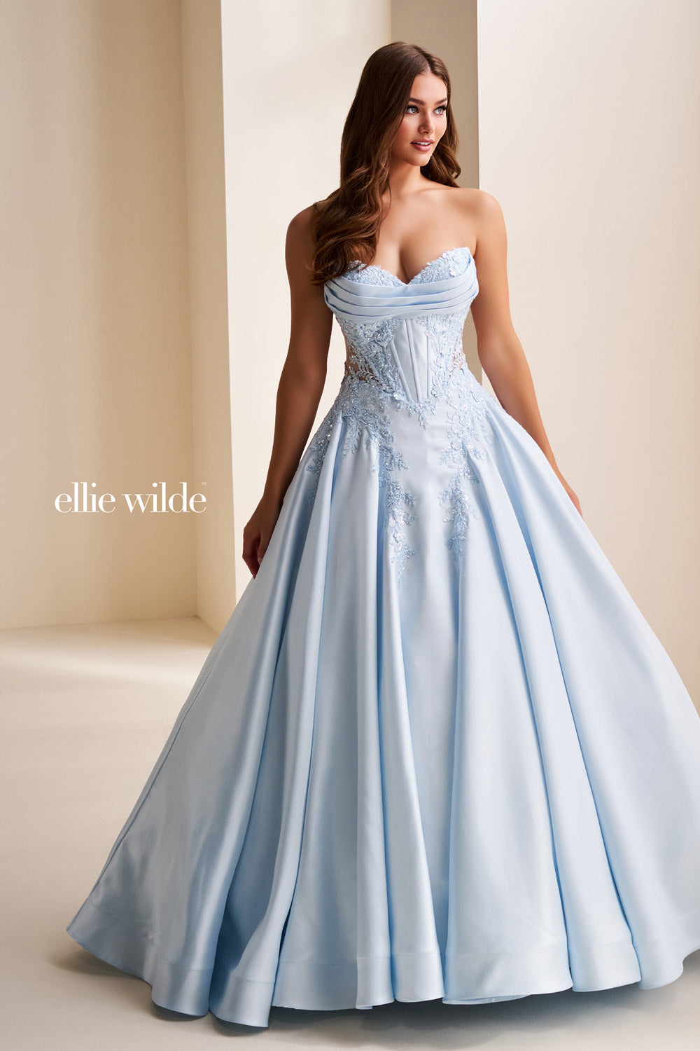Ellie Wilde EW37082 light blue, strapless, full ball gown silhouette prom dress images.