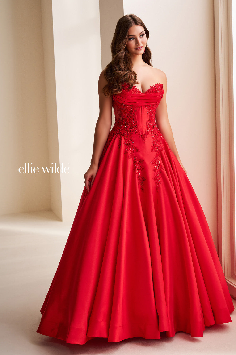 Ellie Wilde EW37082 red, strapless, ball gown with intricate embellishments prom dress images.