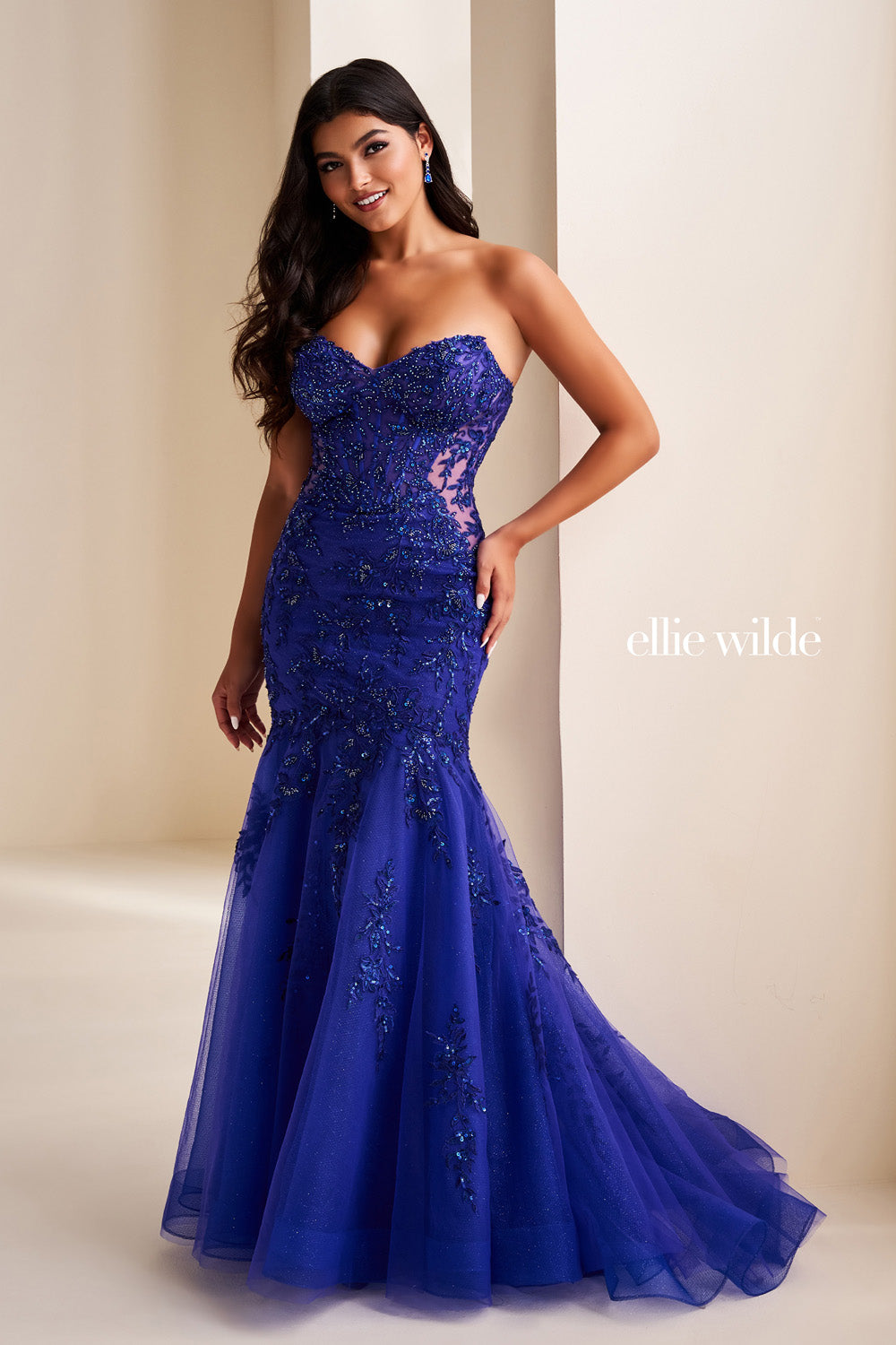 Ellie Wilde EW37085 royal blue, mermaid silhouette, embellished bodice prom dress images.