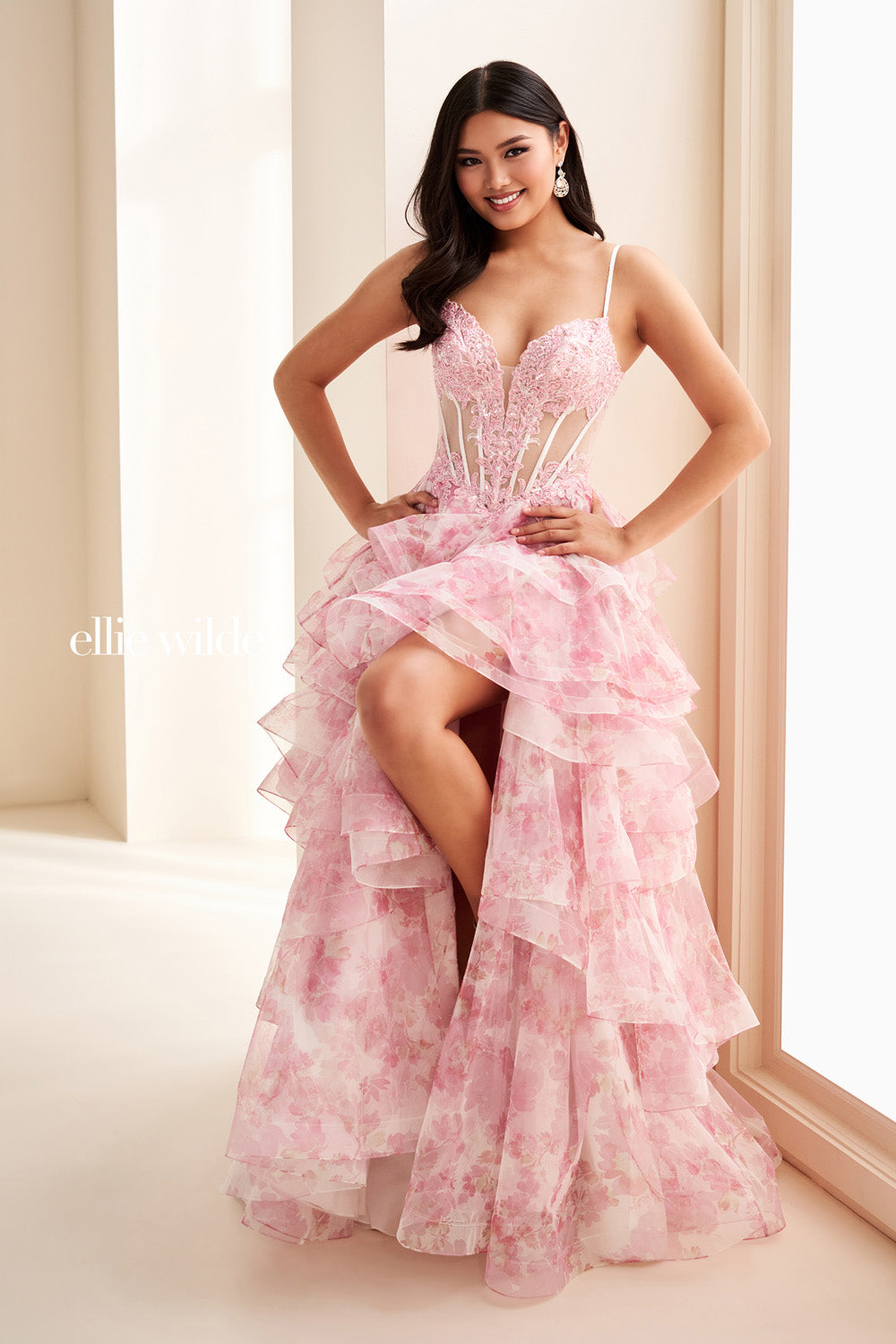 Ellie Wilde EW37093 pink, layered ruffled silhouette with a sweetheart neckline prom dress images.