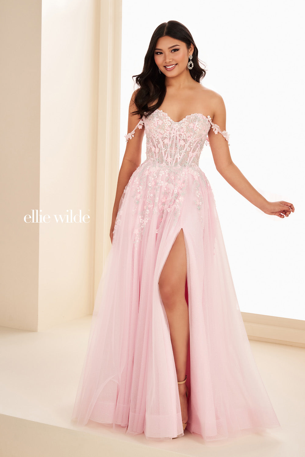 Ellie Wilde EW37094 pink, a line silhouette, floral embellishments with slit prom dress images.