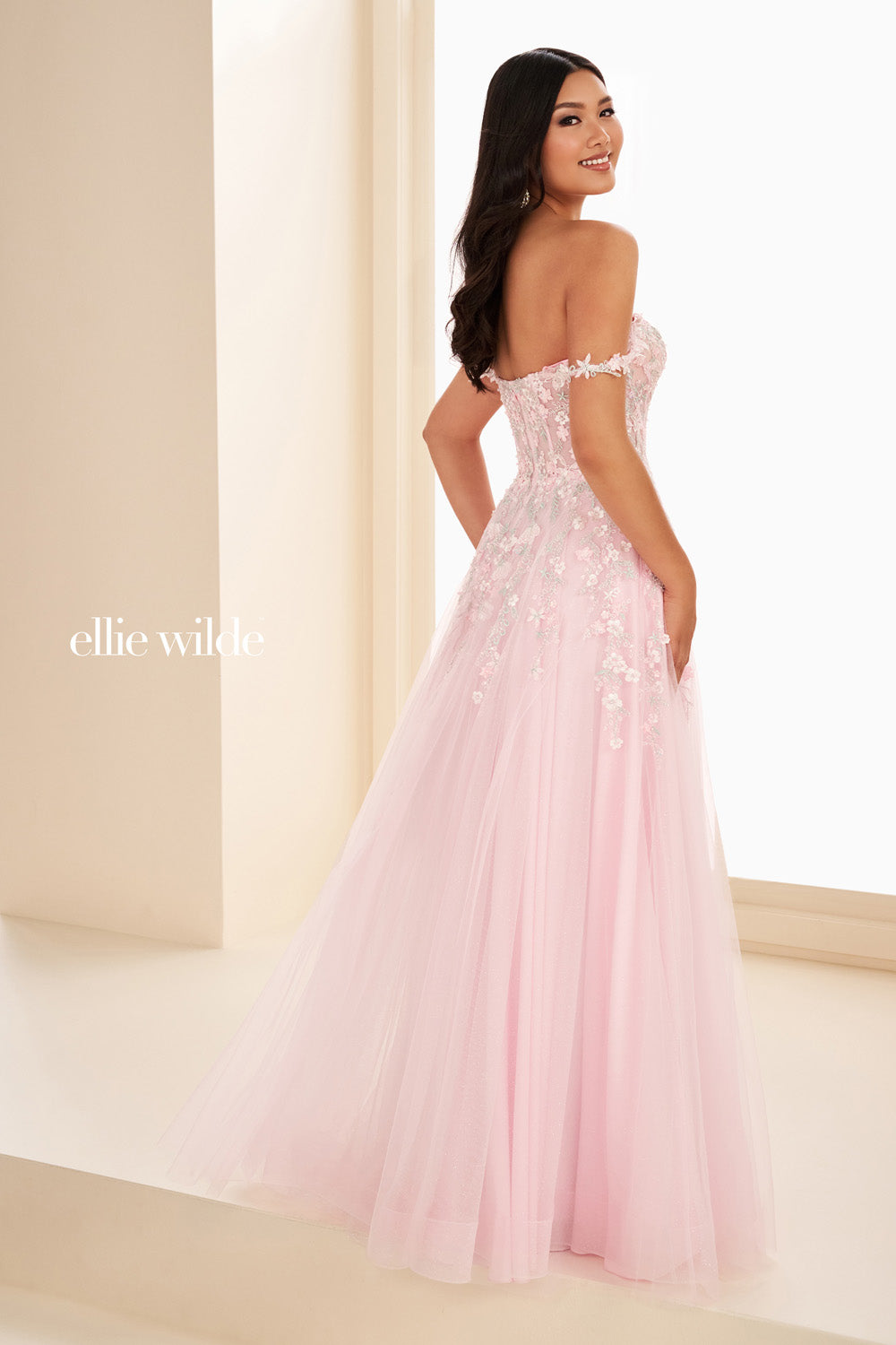 Ellie Wilde EW37094 pink, strapless, floral embroidered tulle gown prom dress images.