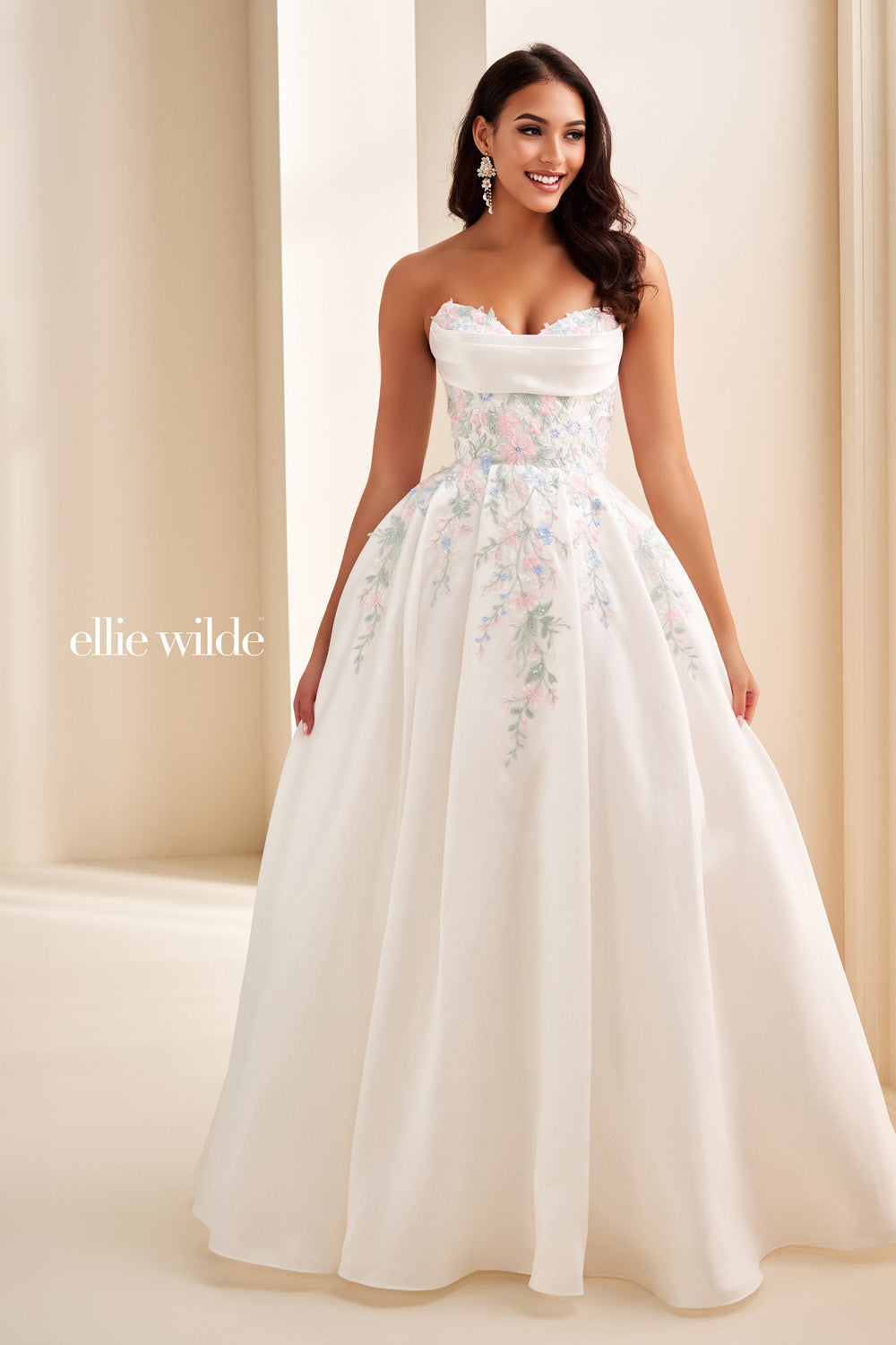 Ellie Wilde EW37095 white ball gown with floral embroidery and sweetheart neckline prom dress images.