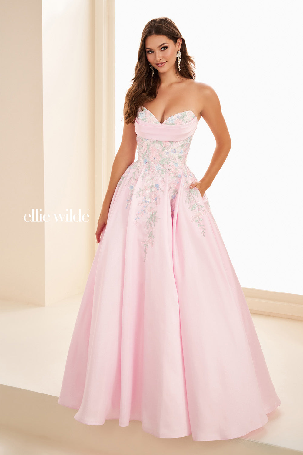 Ellie Wilde EW37095 pink, strapless, ball gown with floral embroidery prom dress images.