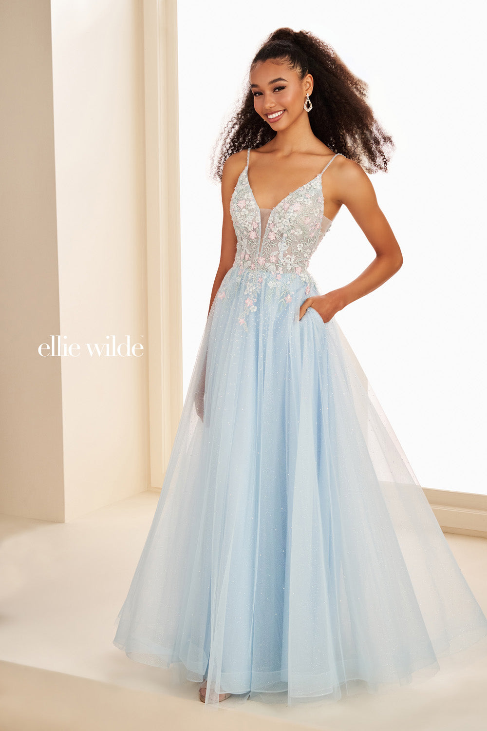 Ellie Wilde EW37096 light blue, a line silhouette, embellished bodice prom dress images.