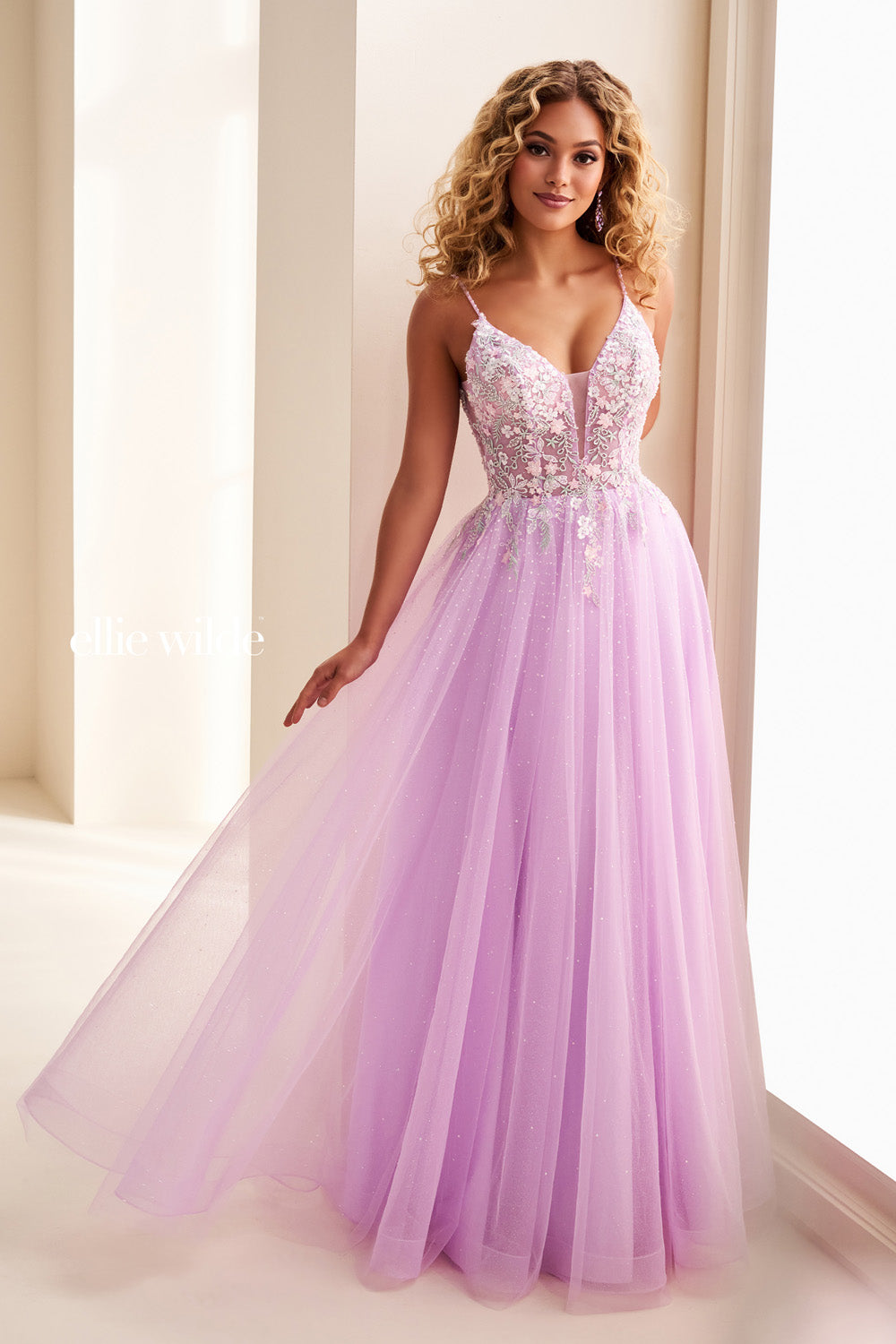 Ellie Wilde EW37096 lavender, a line silhouette, embellished bodice prom dress images.