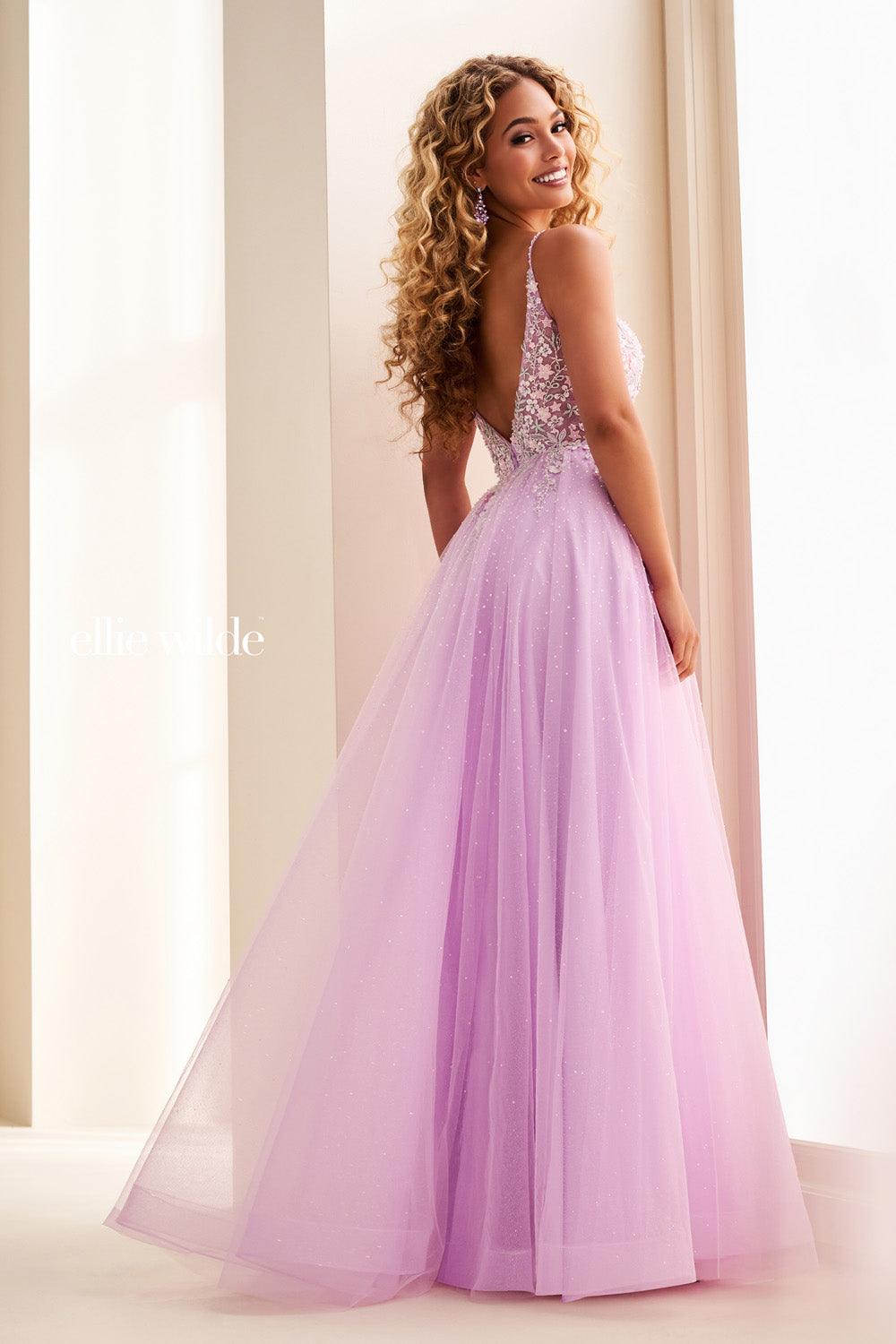 Ellie Wilde EW37096 lavender, a line silhouette, embellished bodice prom dress images.