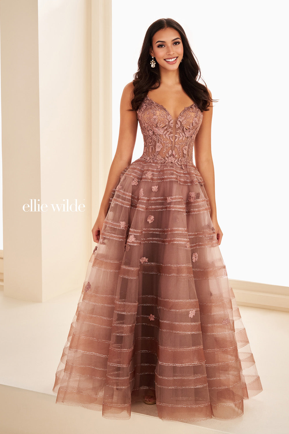 Ellie Wilde EW37097 blush pink, a line silhouette, embellished bodice prom dress images.