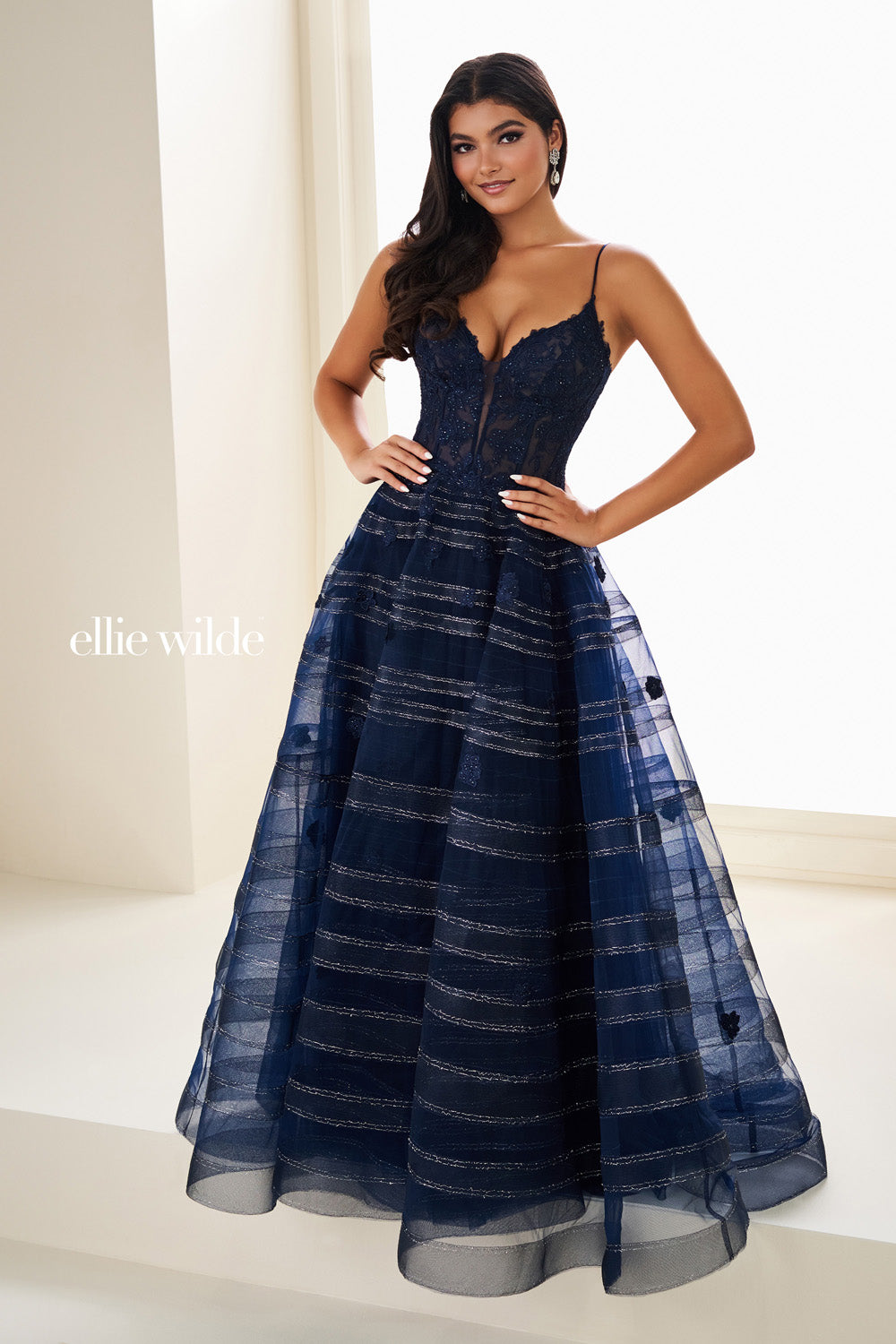 Ellie Wilde EW37097 navy blue, a line silhouette, lace bodice detailing prom dress images.