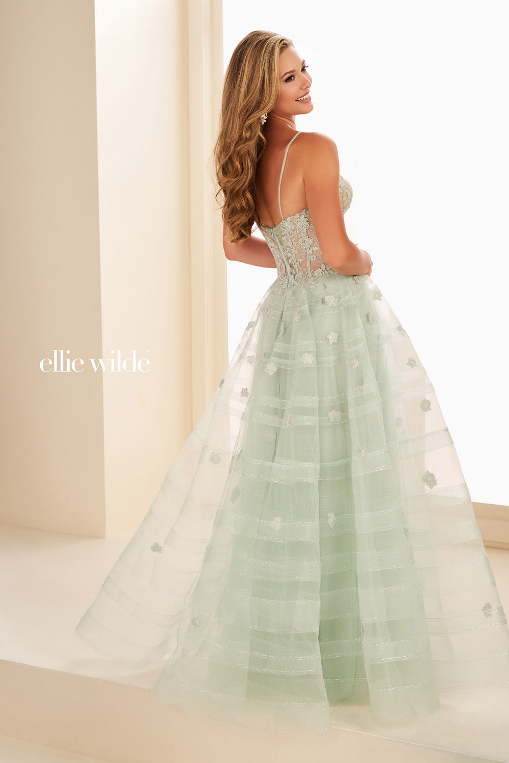 Ellie Wilde EW37097 mint green, a line silhouette, floral embroidered details prom dress images.