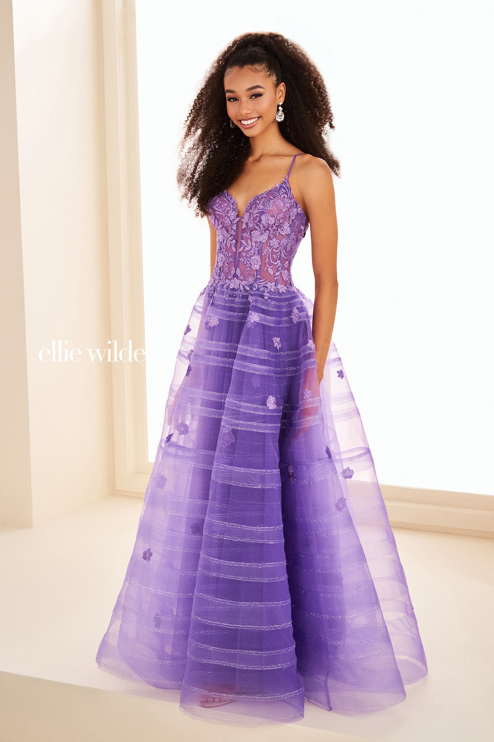 Ellie Wilde EW37097 lavender ball gown with intricate floral embroidery prom dress images.