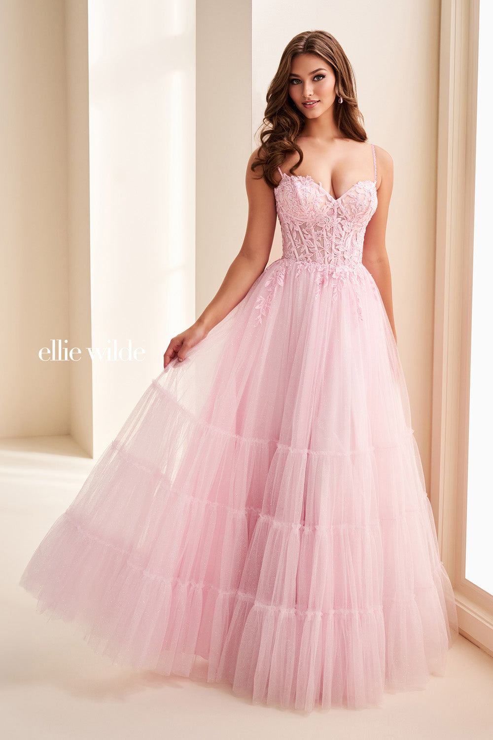 Ellie Wilde EW37107 pink, tiered tulle gown with lace bodice prom dress images.