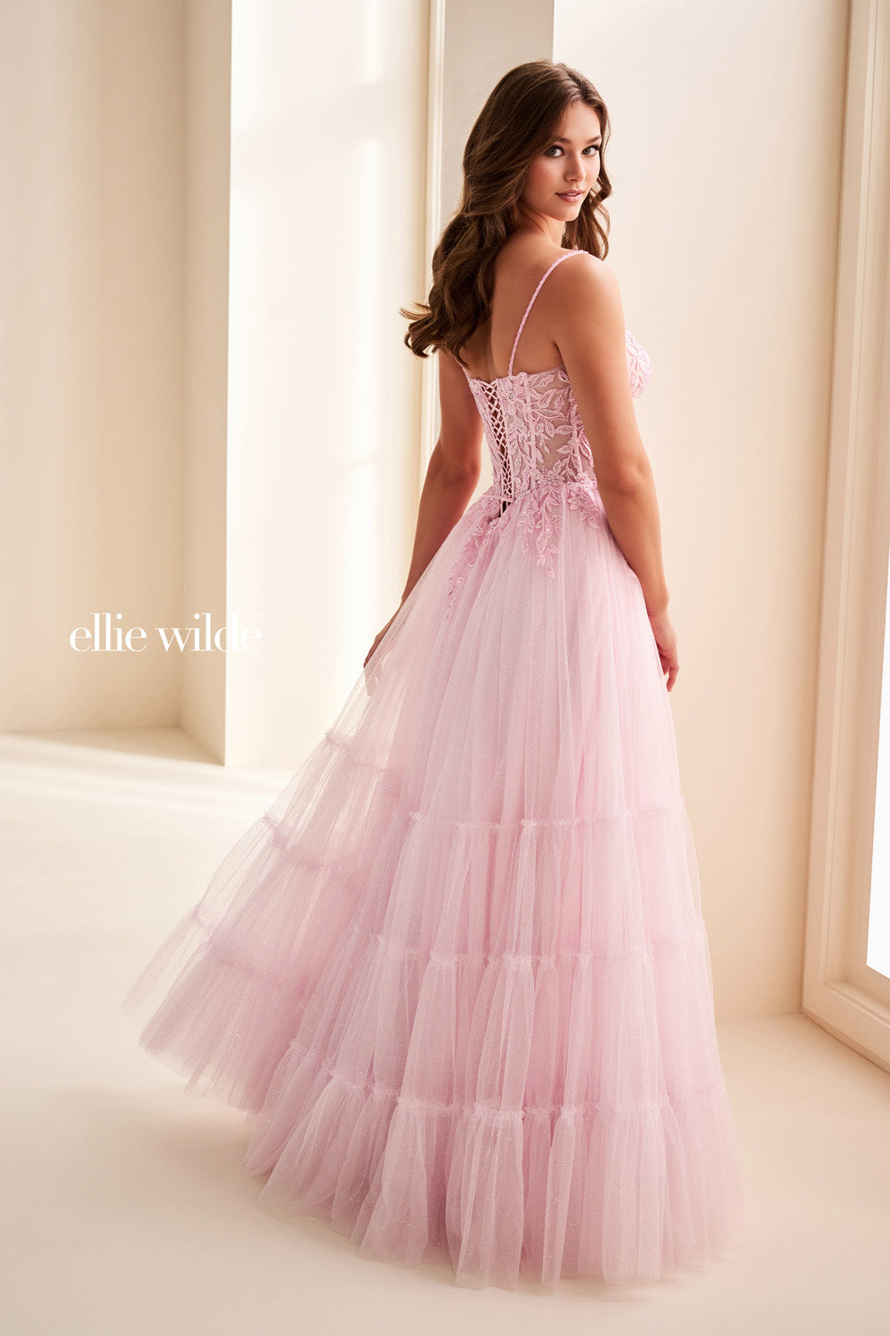 Ellie Wilde EW37107 light pink, tiered tulle, lace bodice detail prom dress images.