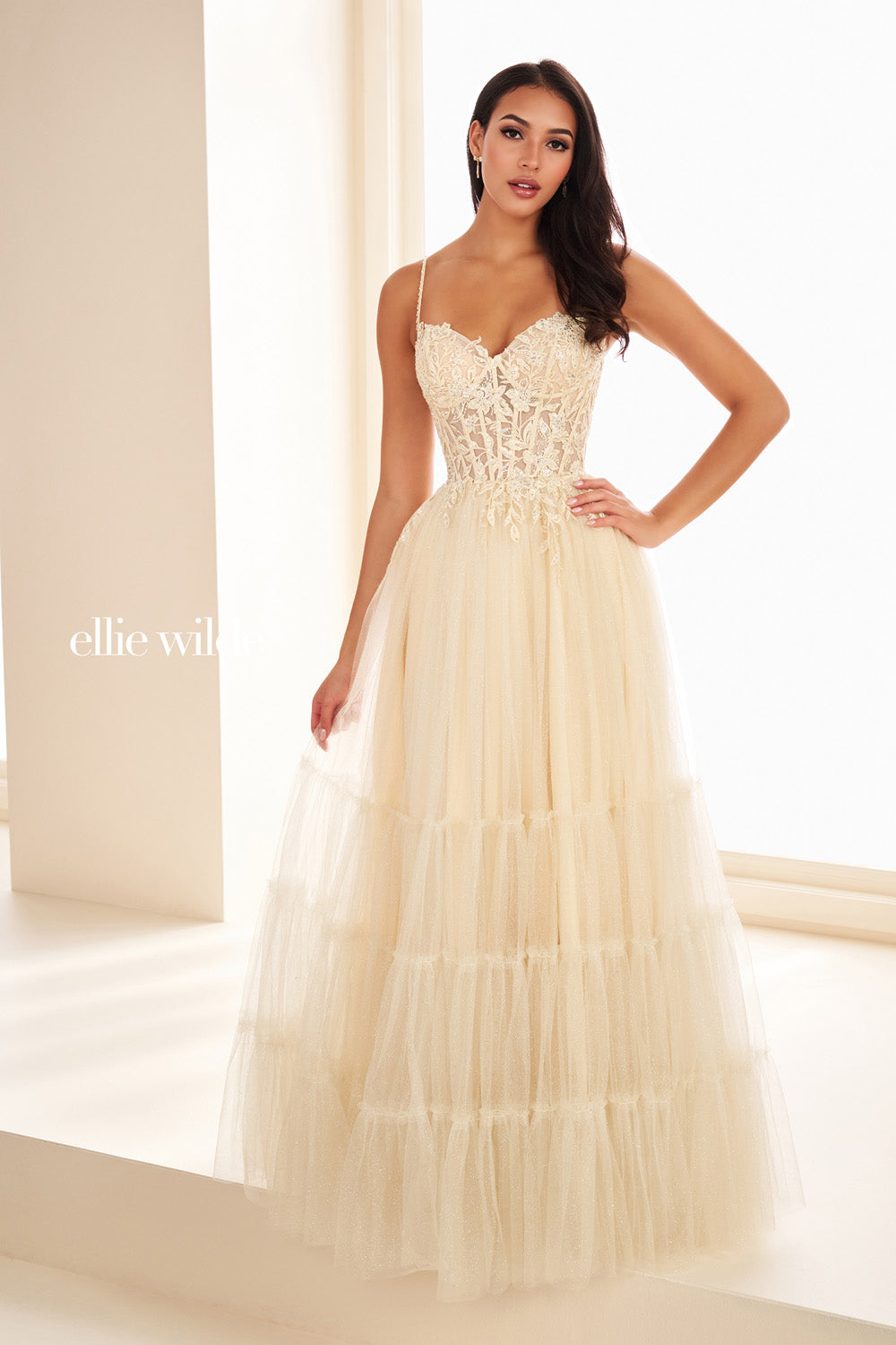 Ellie Wilde EW37107 ivory, a line silhouette, lace bodice with tiered tulle prom dress images.