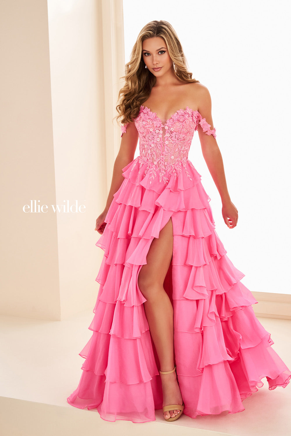 Ellie Wilde EW37108 pink, tiered silhouette with a thigh high slit prom dress images.