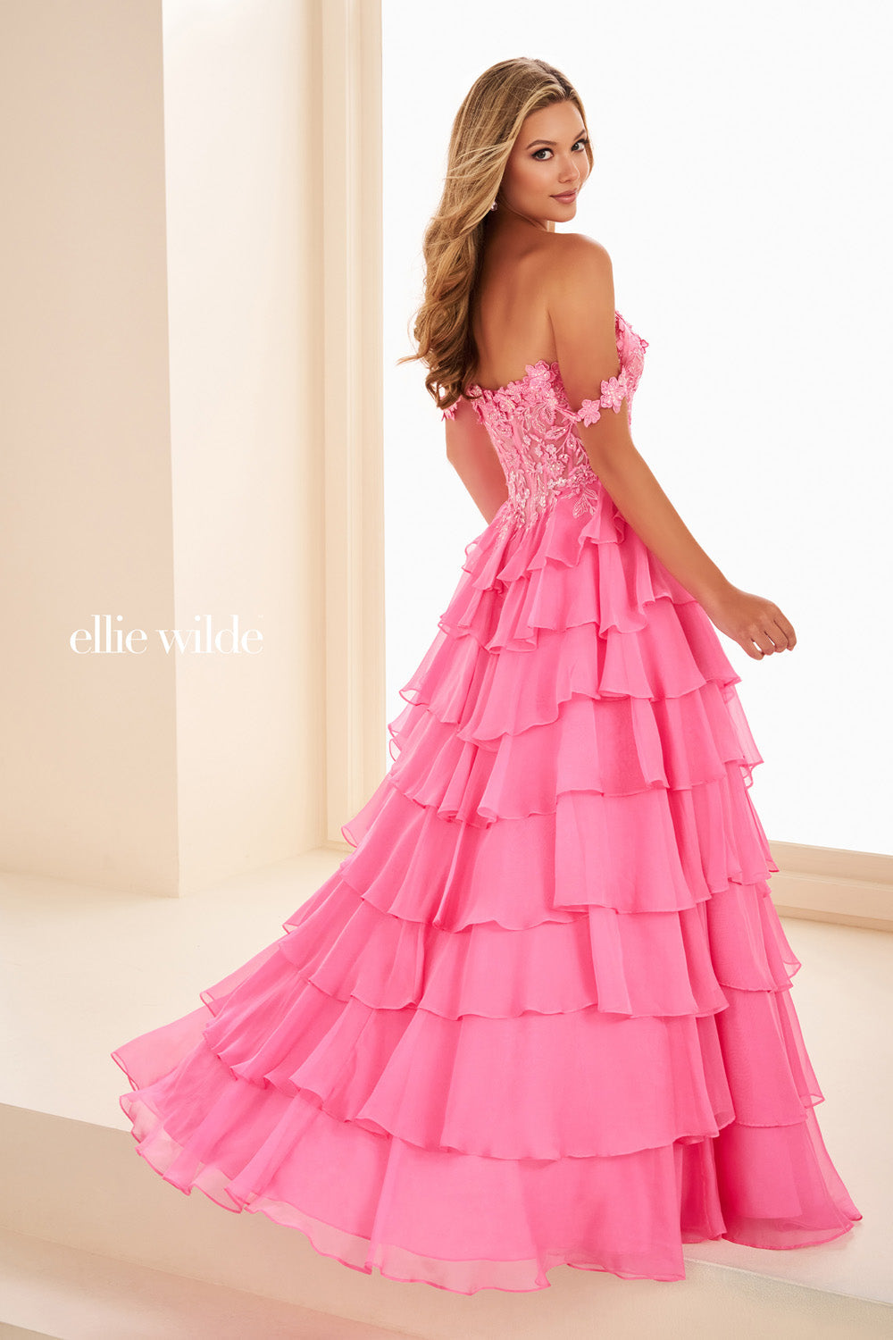 Ellie Wilde EW37108 pink, tiered silhouette with floral detailing prom dress images.