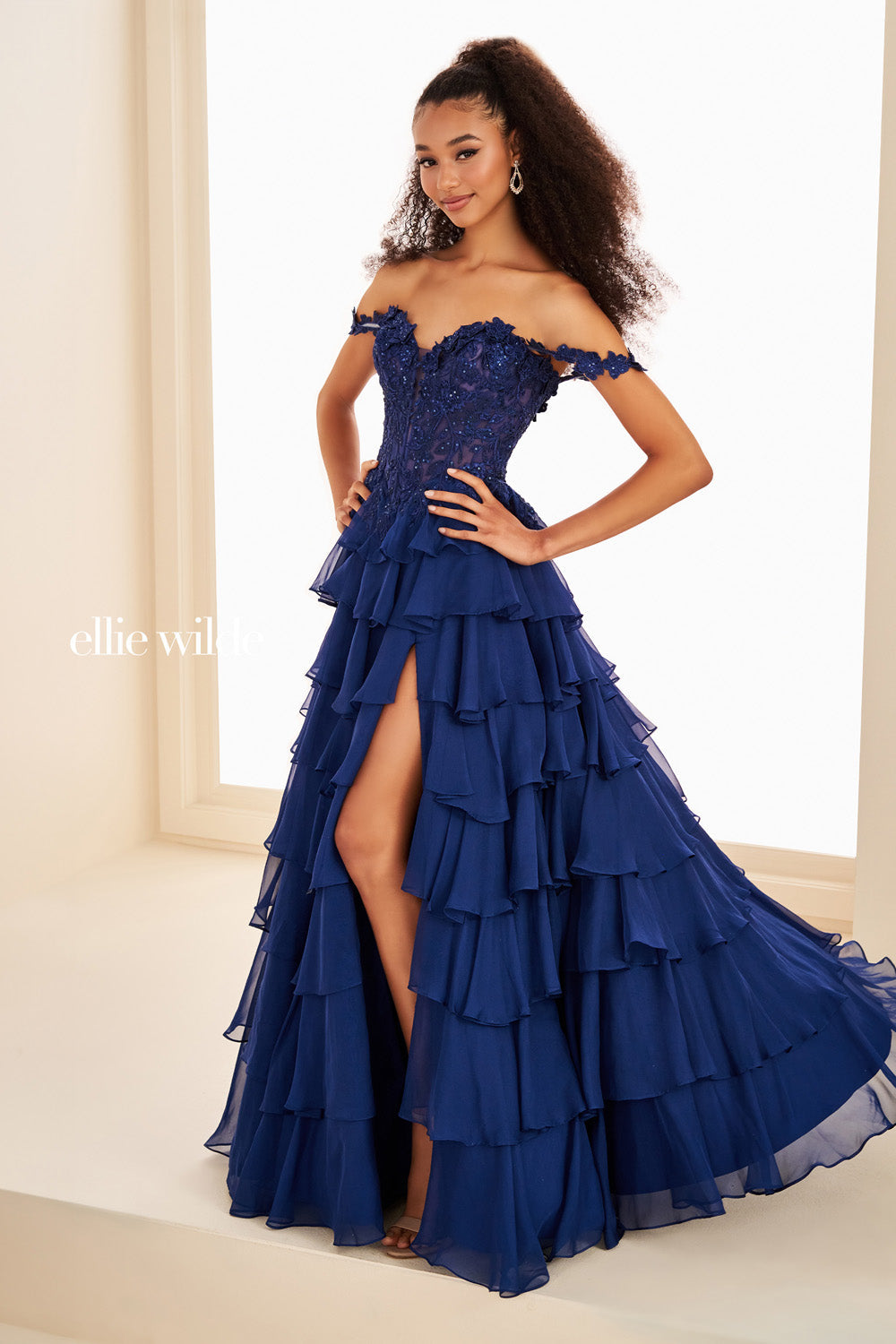 Ellie Wilde EW37108 navy blue, tiered silhouette, off the shoulder design prom dress images.