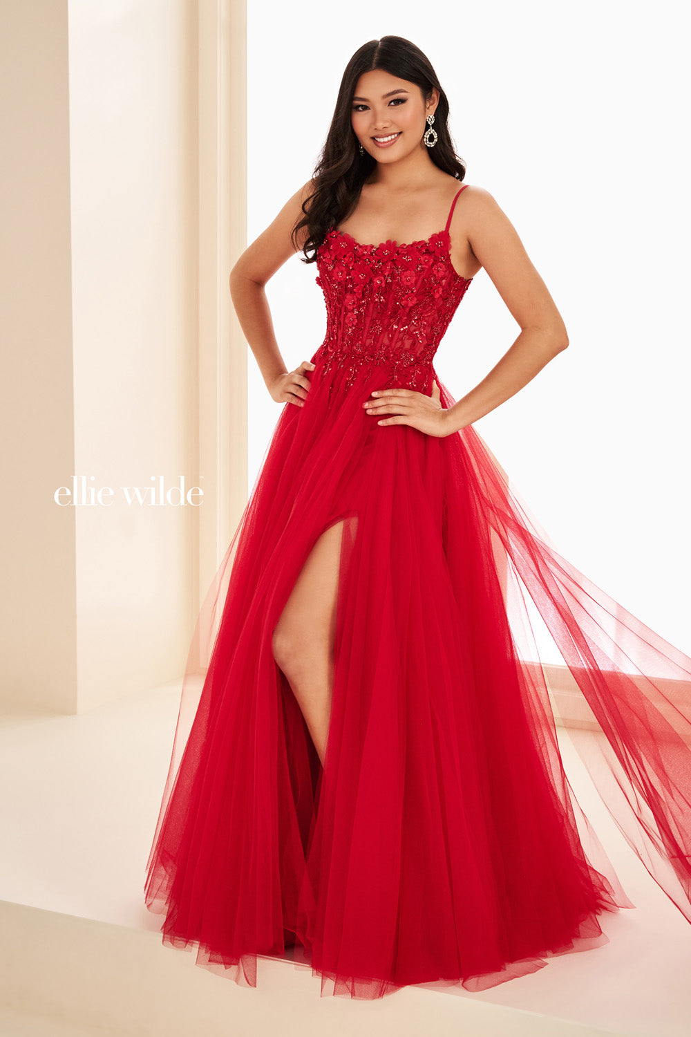 Ellie Wilde EW37112 red, a line silhouette, embellished bodice with slit prom dress images.