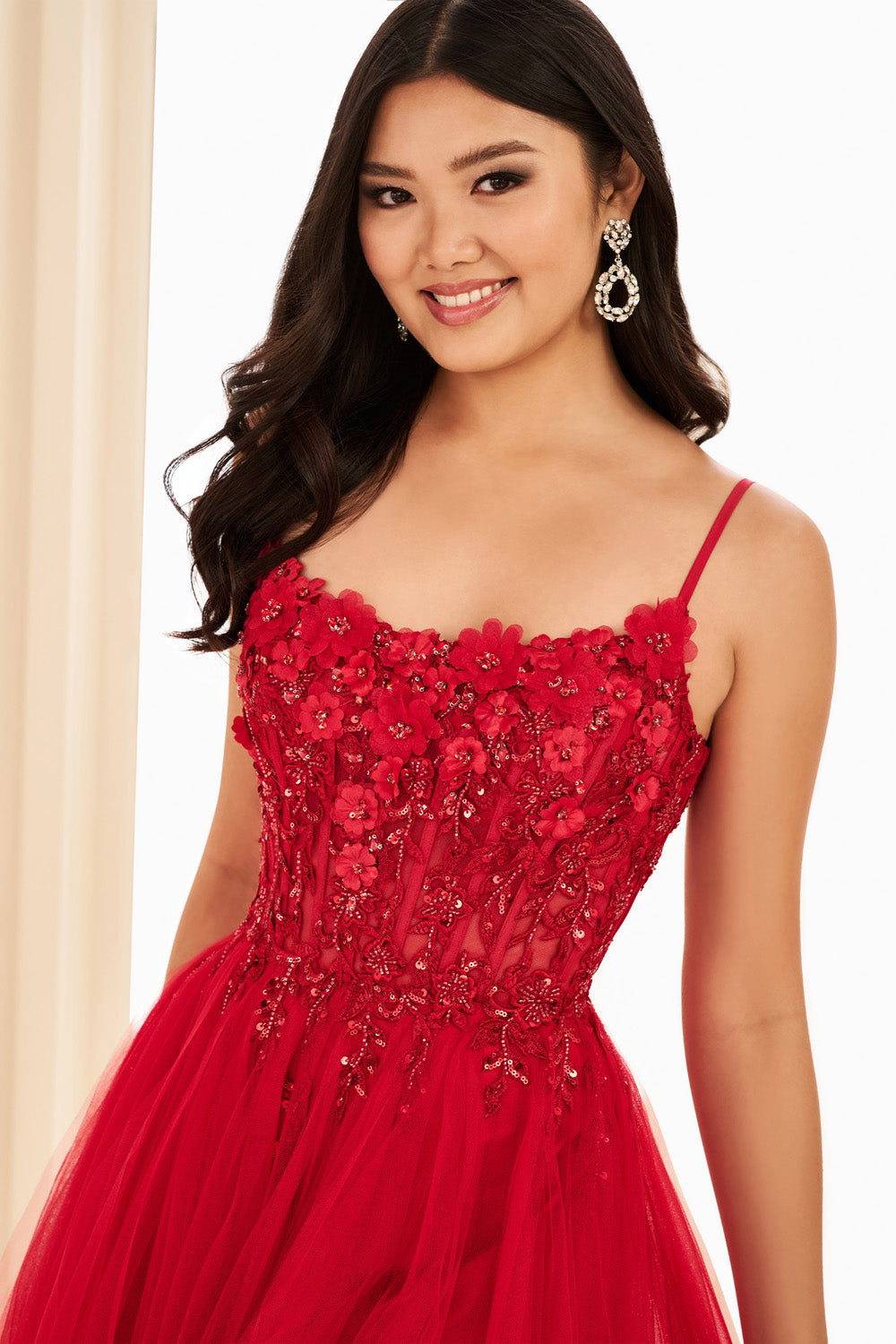 Ellie Wilde EW37112 red floral embellished dress with a tulle skirt prom dress images.