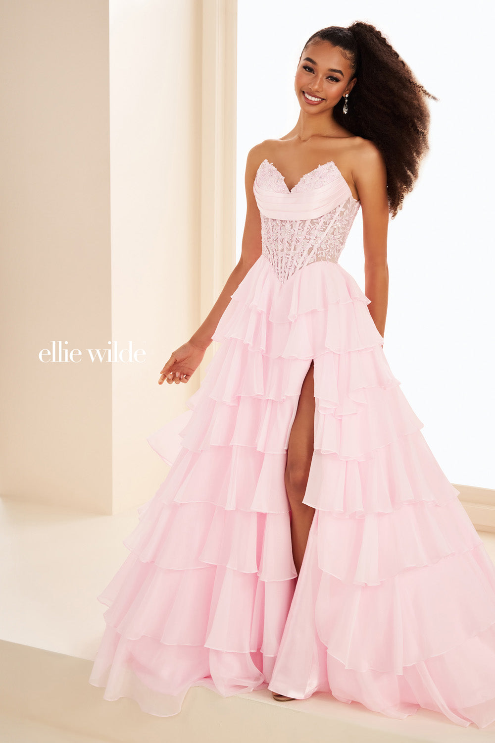 Ellie Wilde EW37115 pink, tiered silhouette with a thigh high slit prom dress images.