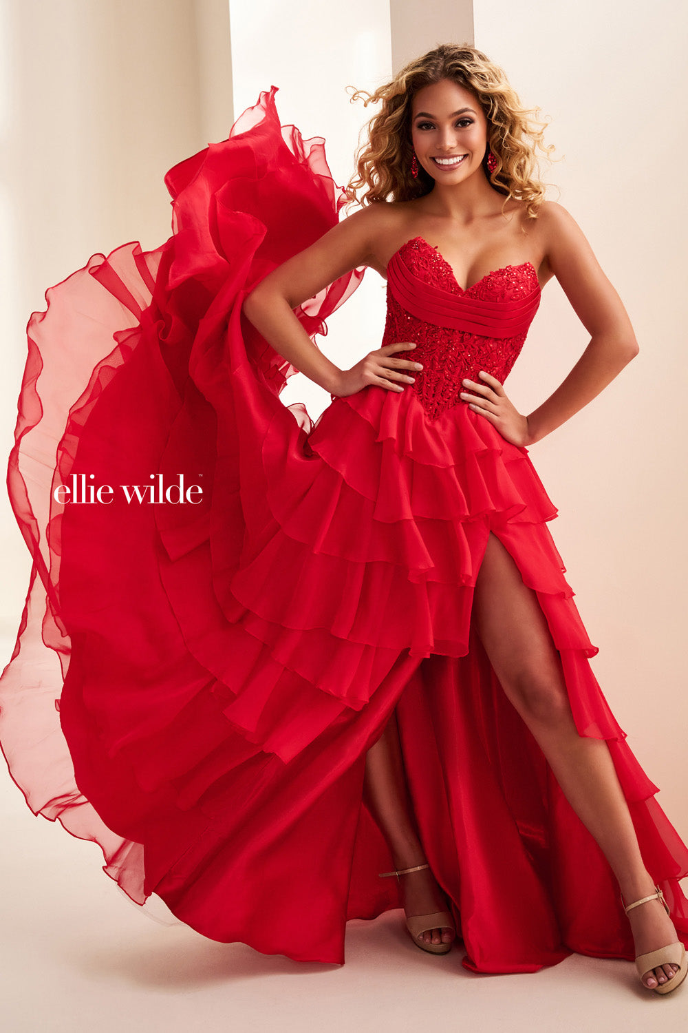 Ellie Wilde EW37115 red, strapless, ruffled with a high slit prom dress images.