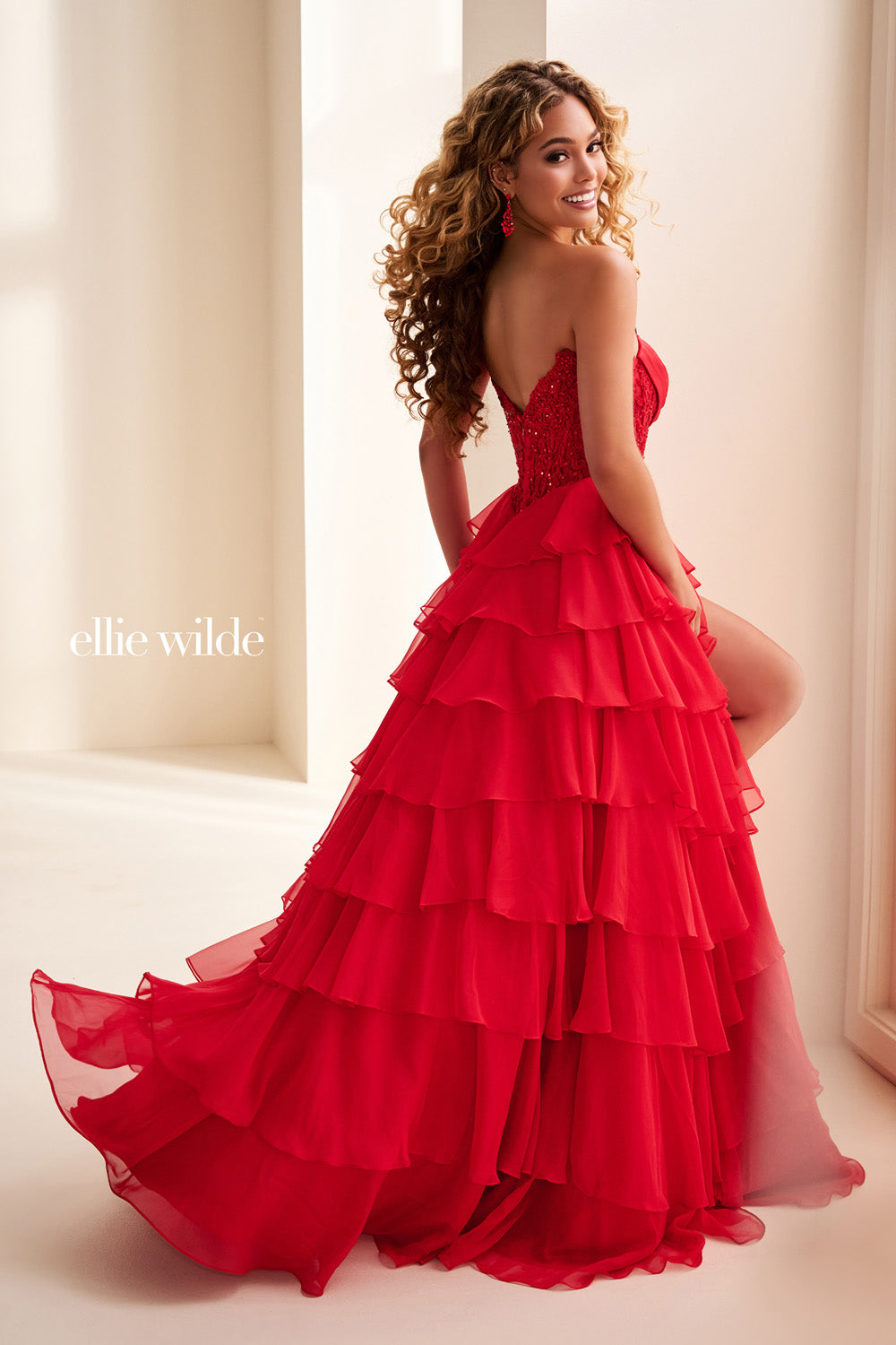 Ellie Wilde EW37115 red, tiered silhouette with a sweetheart neckline prom dress images.