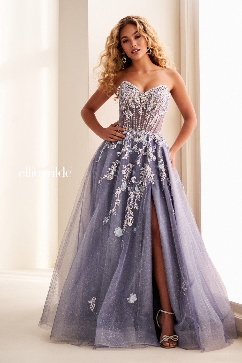 Ellie Wilde EW37119 lavender, a line silhouette, embellished bodice with slit prom dress images.