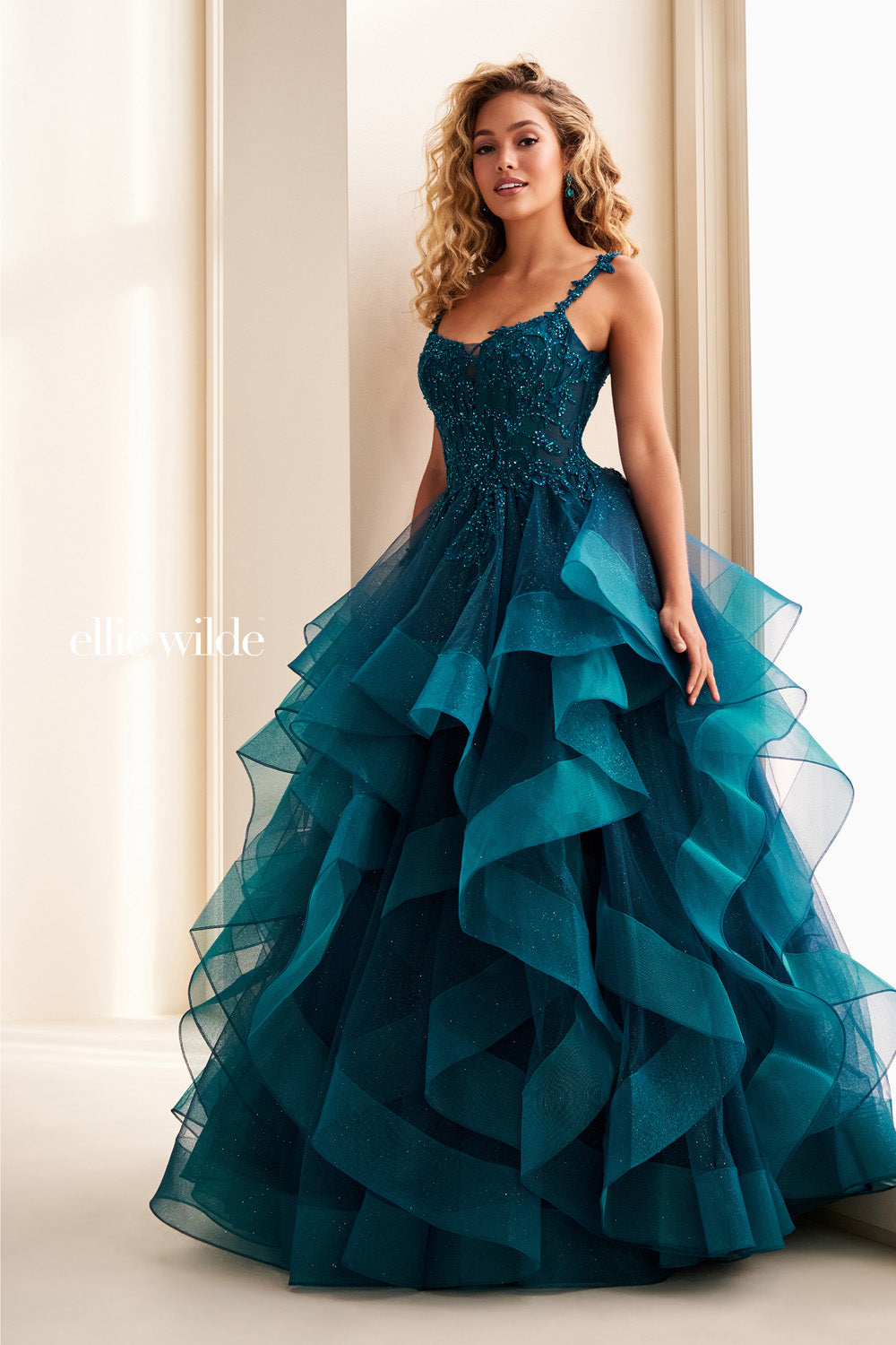 Ellie Wilde EW37128 teal, ball gown silhouette, layered ruffle skirt prom dress images.