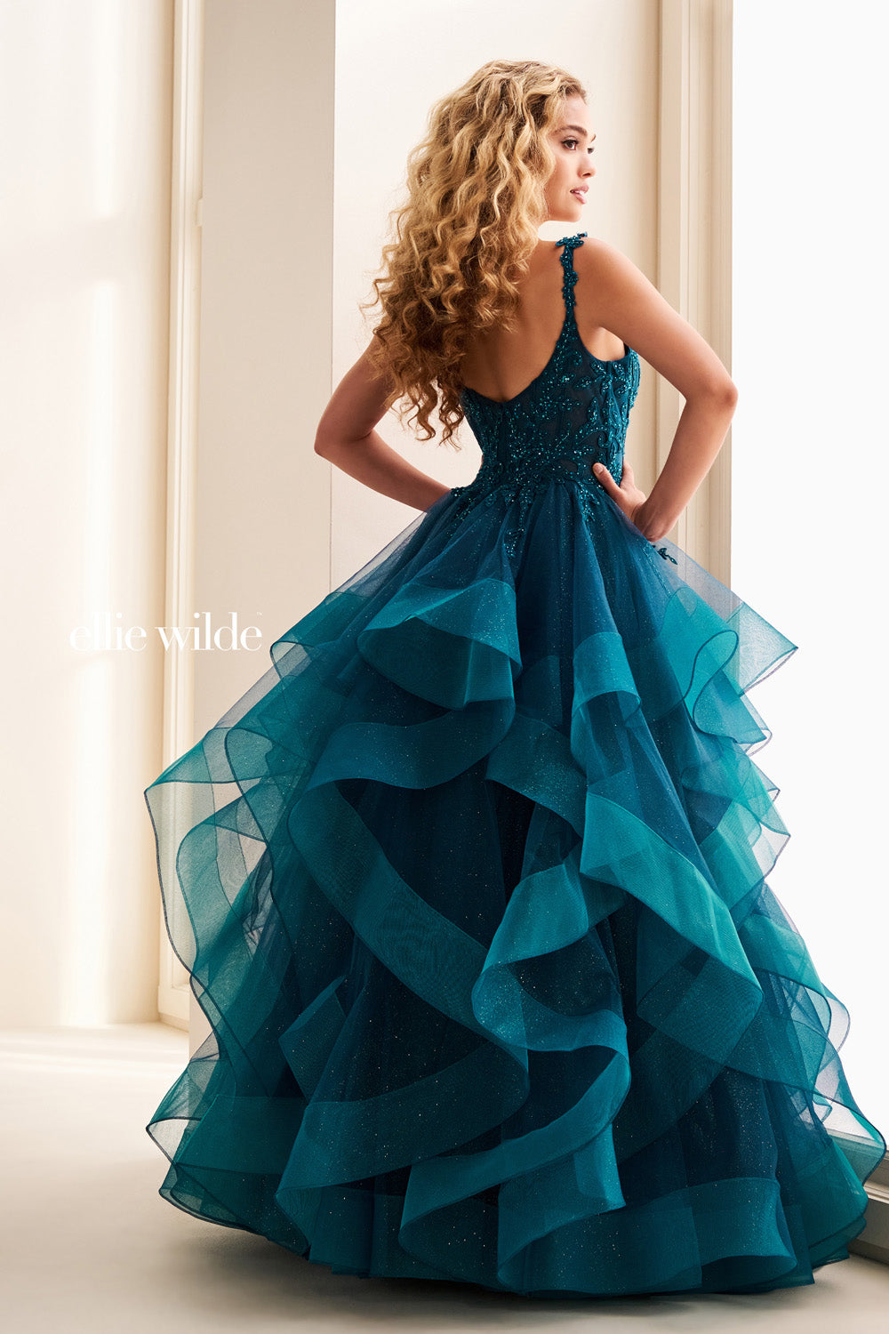 Ellie Wilde EW37128 teal, ball gown silhouette, layered ruffles prom dress images.