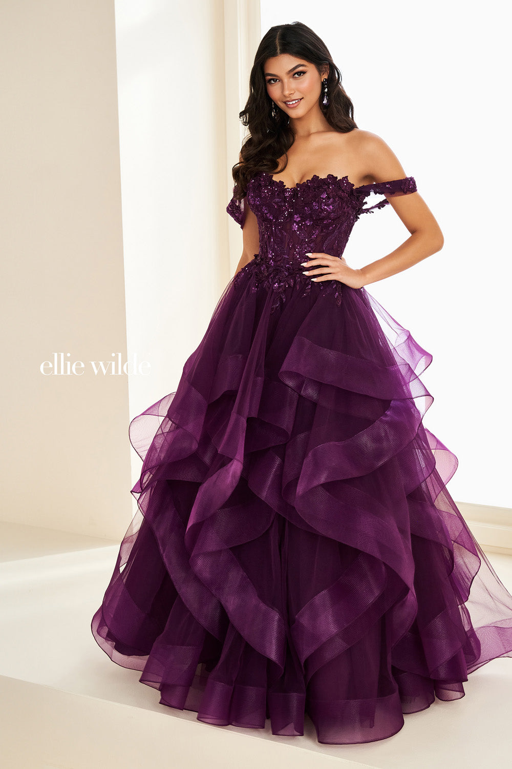 Ellie Wilde EW37201 purple, off the shoulder, layered ruffle silhouette prom dress images.