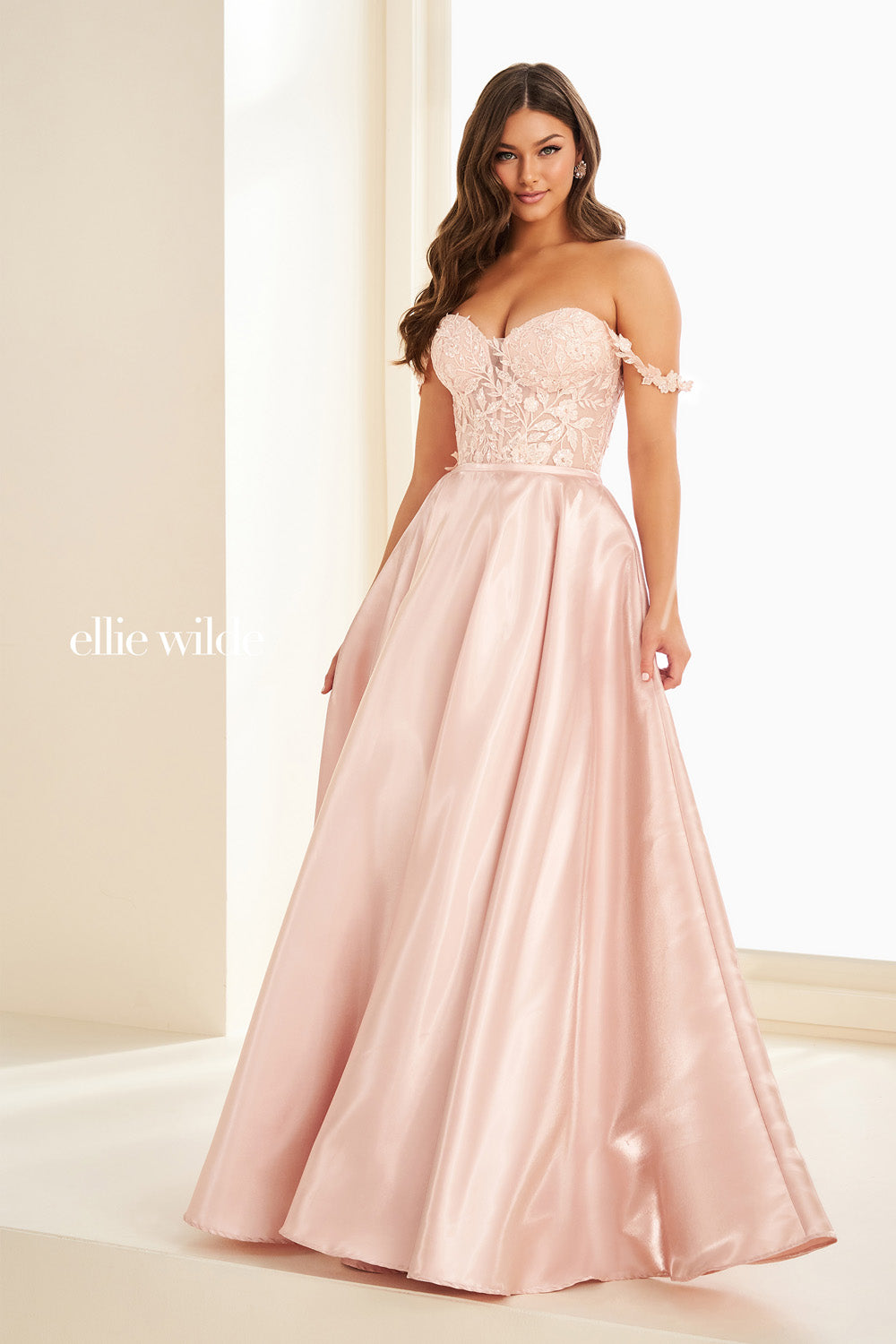 Ellie Wilde EW37202 blush pink, a line silhouette, off the shoulder design prom dress images.