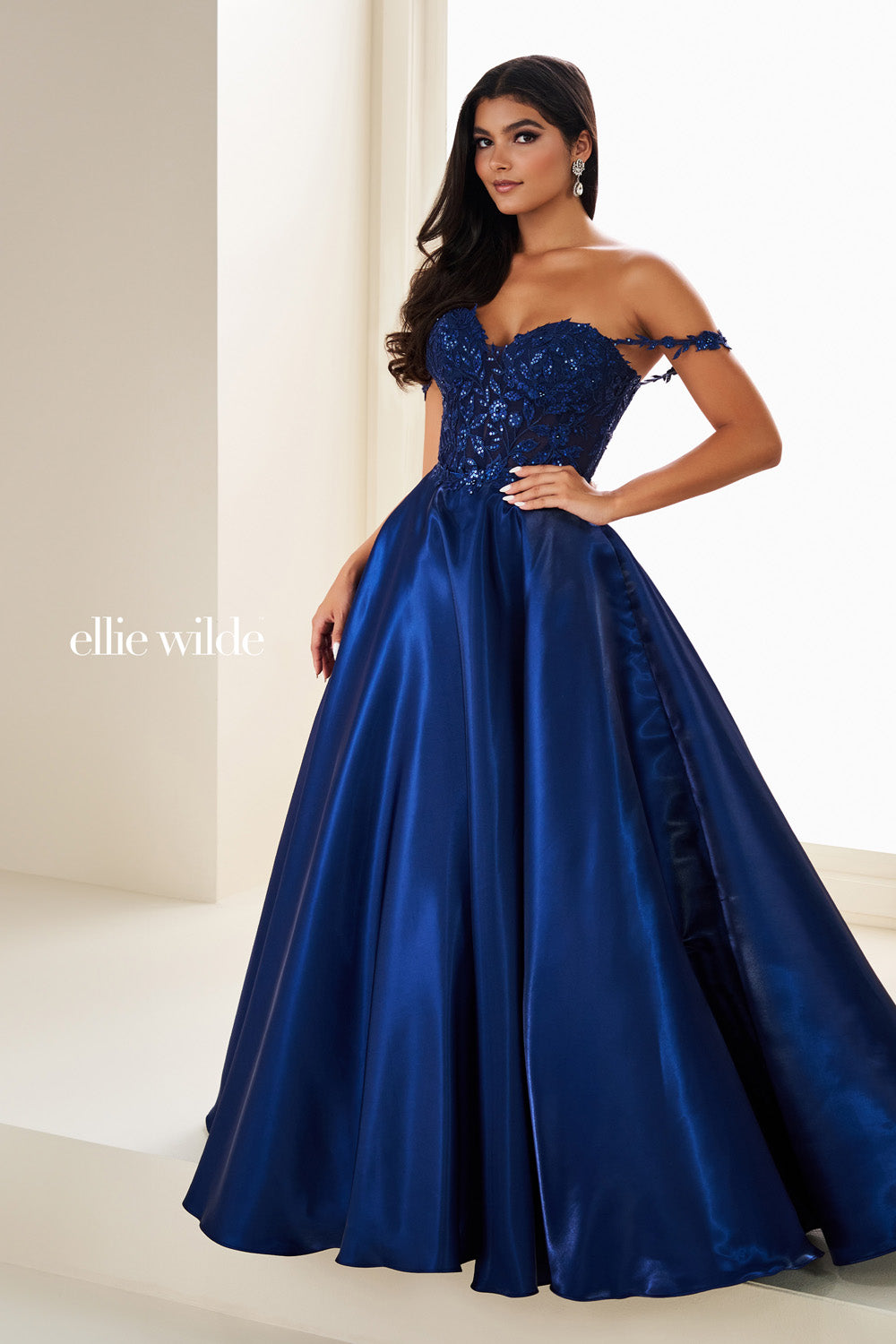 Ellie Wilde EW37202 royal blue, ball gown silhouette, off the shoulder design prom dress images.