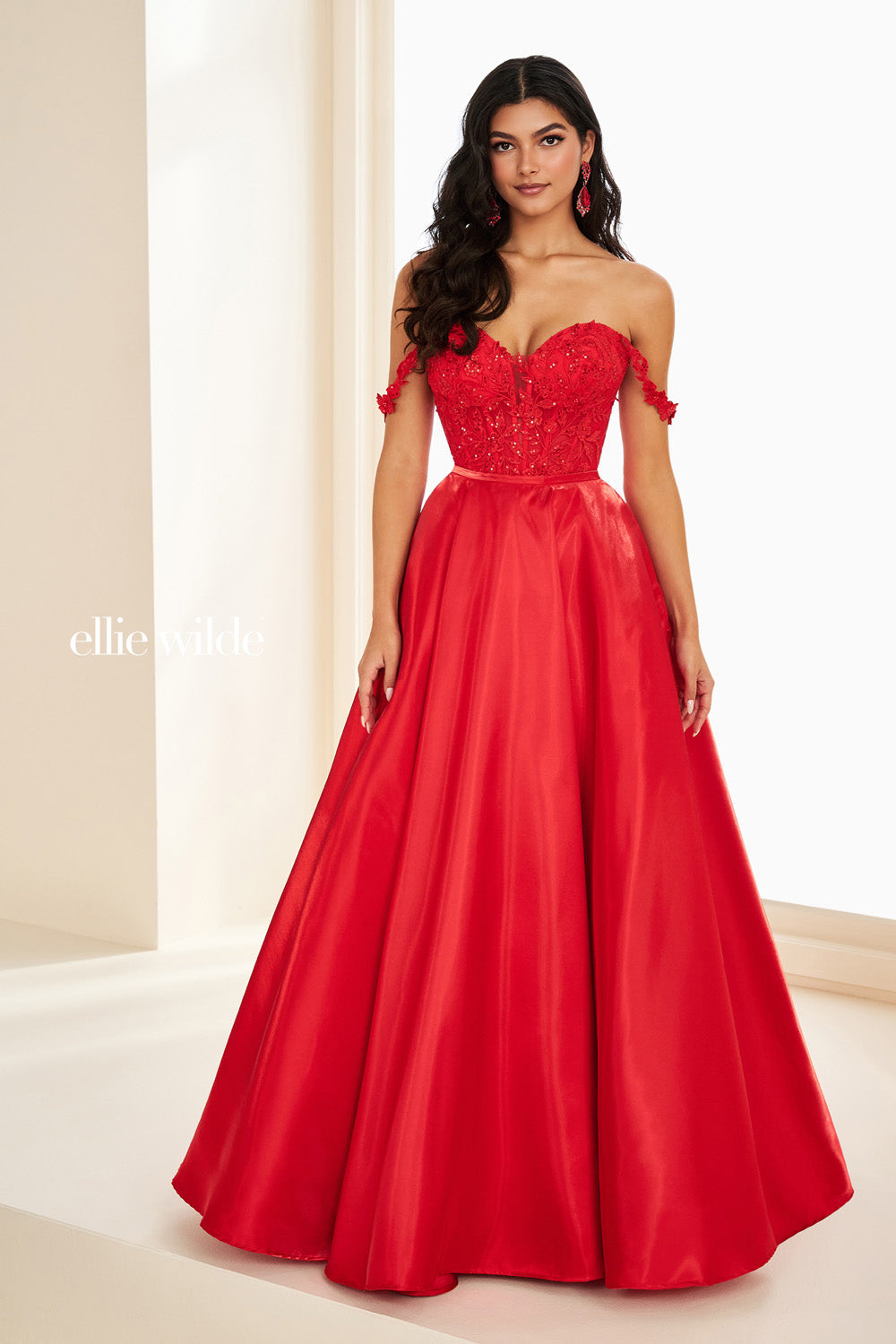 Ellie Wilde EW37202 red, off the shoulder, a line silhouette with lace detailing prom dress images.