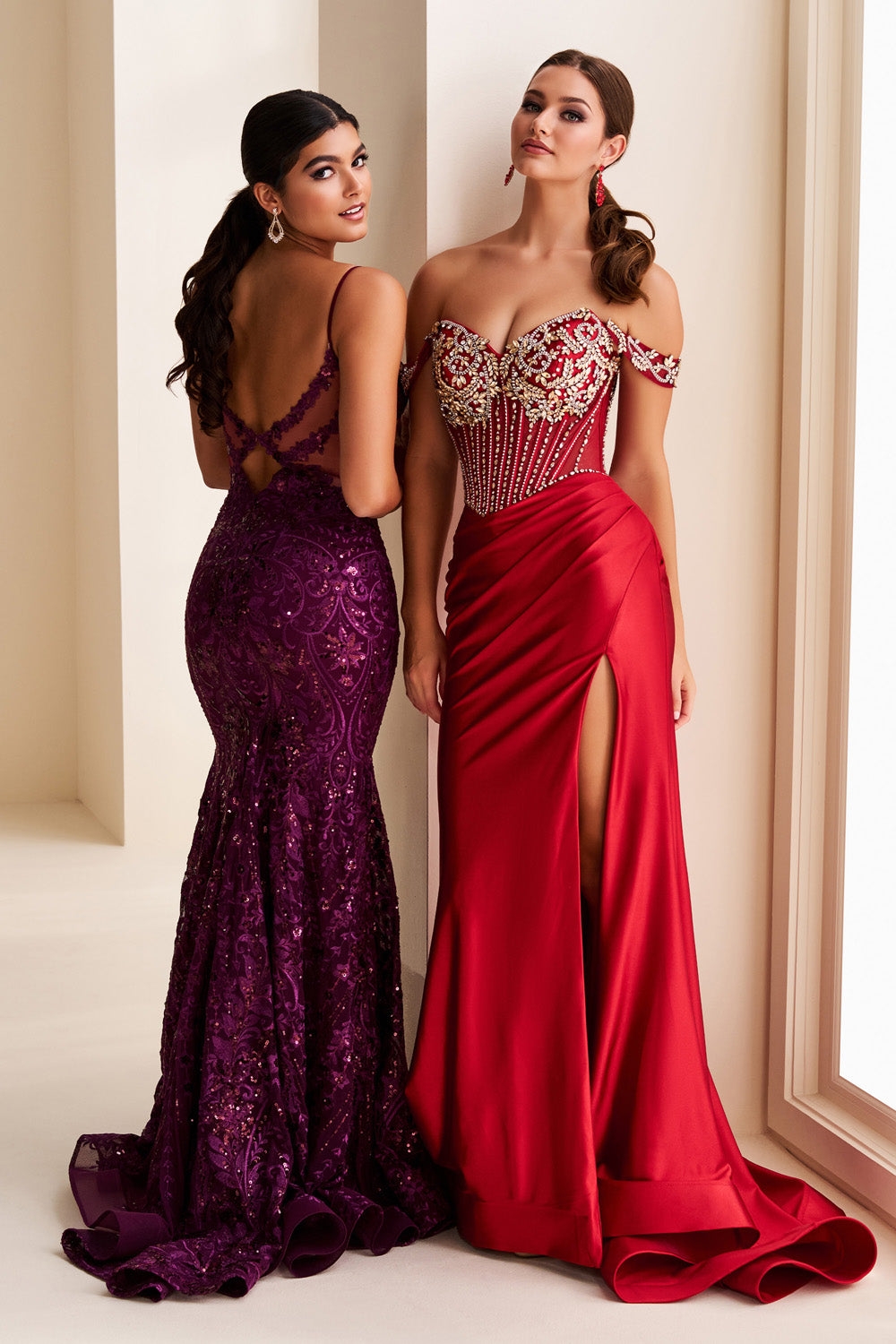 Ellie Wilde EW37204 purple mermaid dress with intricate beading; red gown with slit prom dress images.