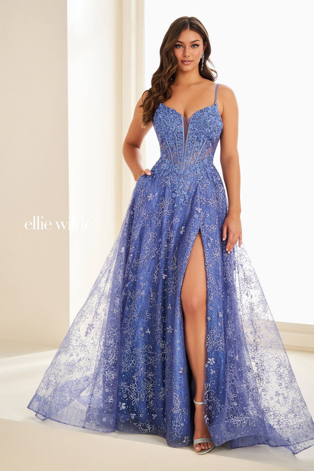Ellie Wilde EW37206 blue, a line silhouette, features a thigh high slit prom dress images.