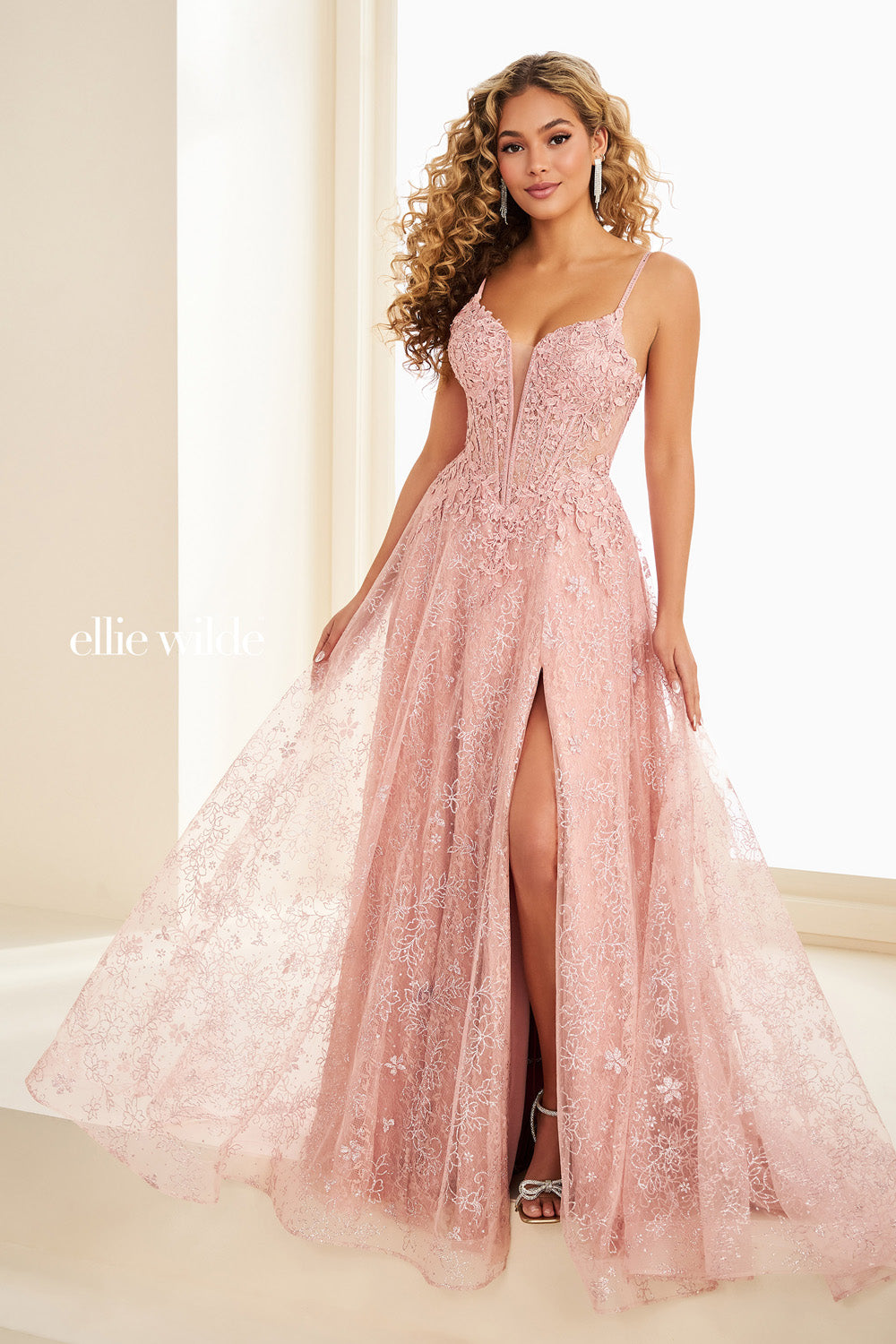 Ellie Wilde EW37206 blush pink, a line silhouette, lace detailing with slit prom dress images.