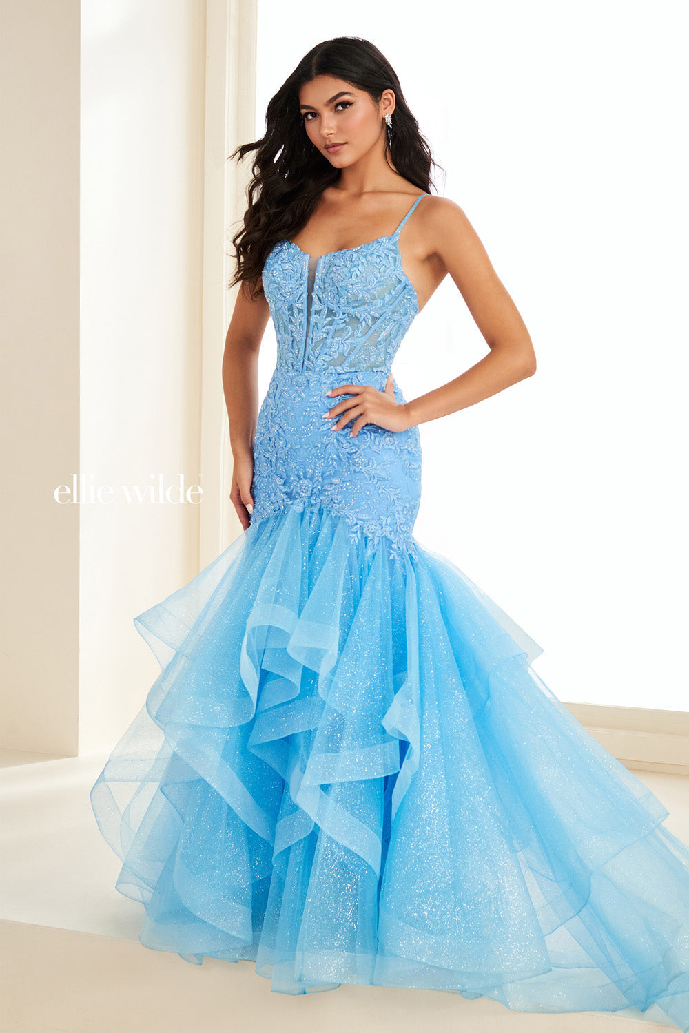 Ellie Wilde EW37207 light blue mermaid dress with layered ruffle skirt prom dress images.