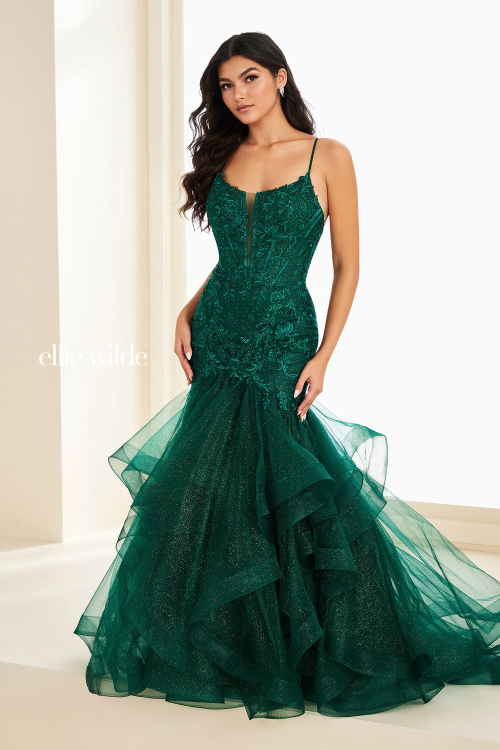 Ellie Wilde EW37207 emerald green, mermaid silhouette, ruffled tulle skirt prom dress images.
