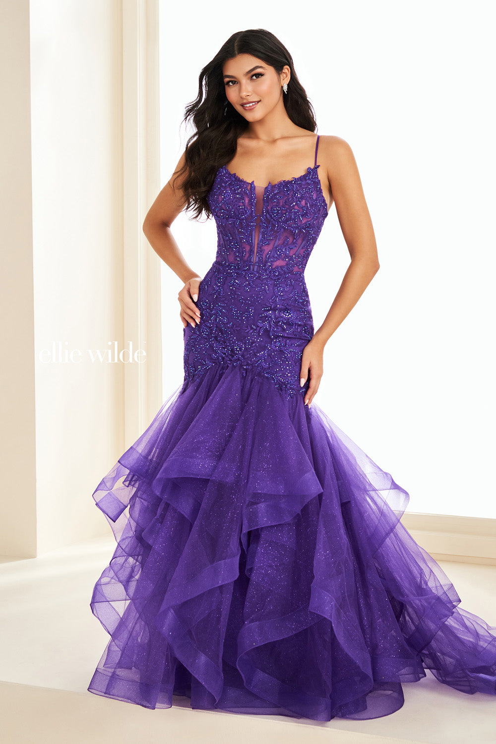 Ellie Wilde EW37207 purple mermaid dress with layered tulle skirt prom dress images.