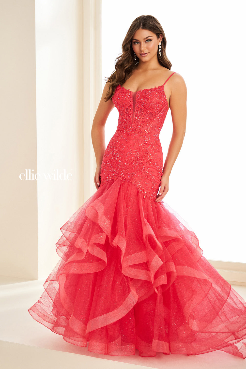 Ellie Wilde EW37207 coral mermaid dress with ruffled tulle skirt prom dress images.