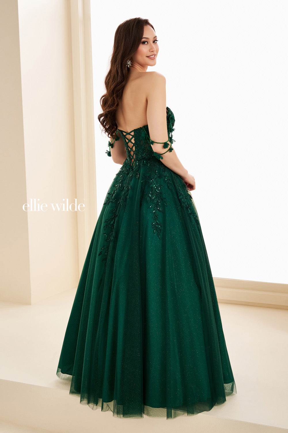 Ellie Wilde EW37208 emerald green, ball gown silhouette, lace up back prom dress images.