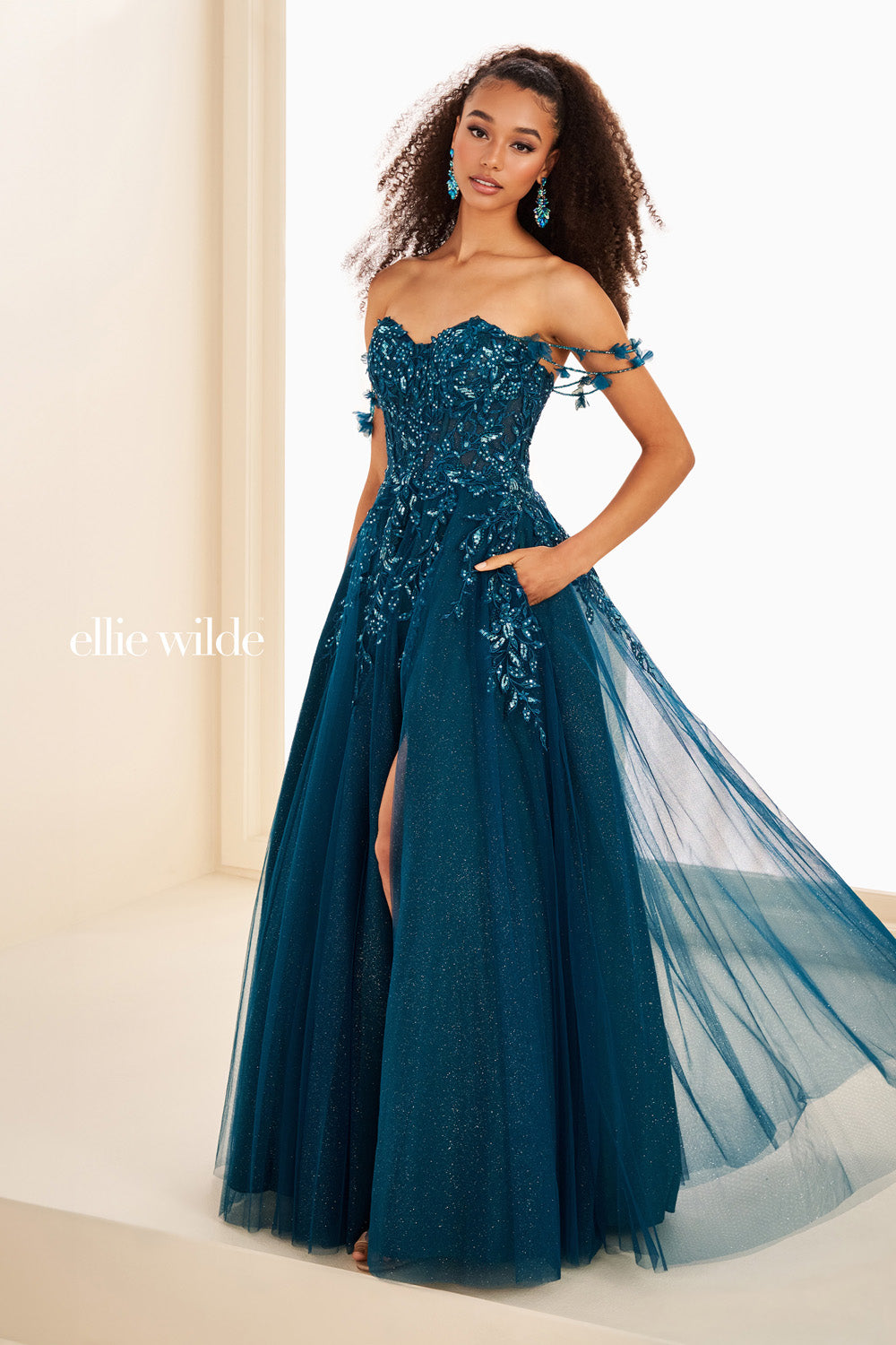 Ellie Wilde EW37208 teal, a line silhouette, embellished with floral details prom dress images.