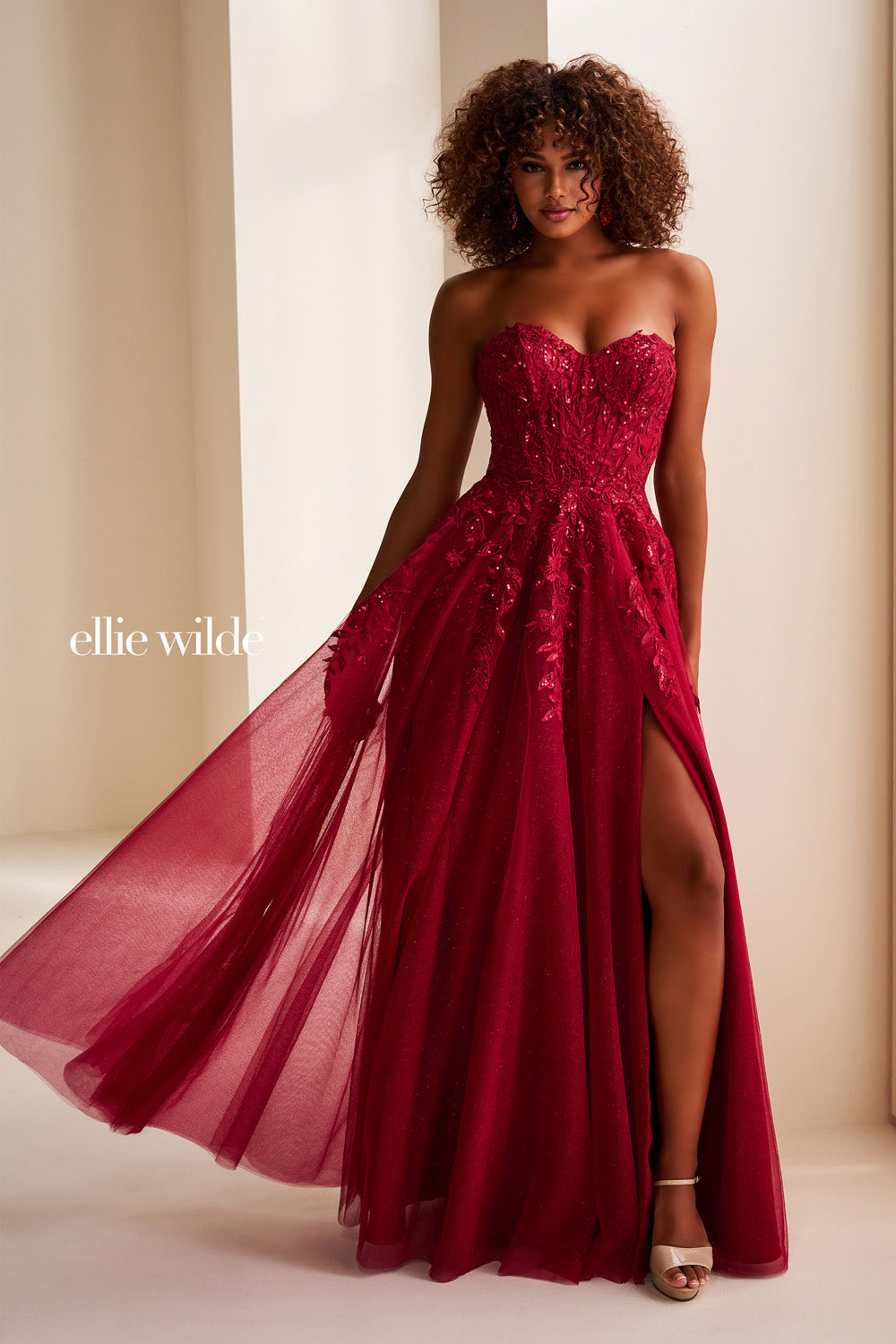 Ellie Wilde EW37208 red, strapless, with a high slit prom dress images.