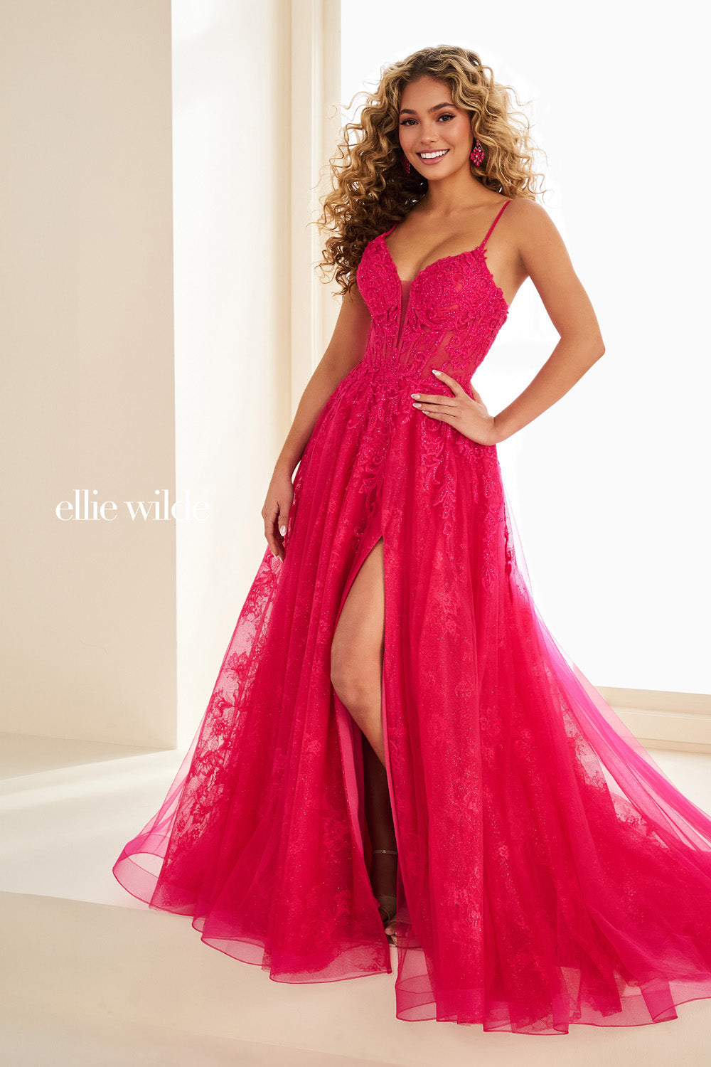 Ellie Wilde EW37210 hot pink, a line silhouette, thigh high slit prom dress images.